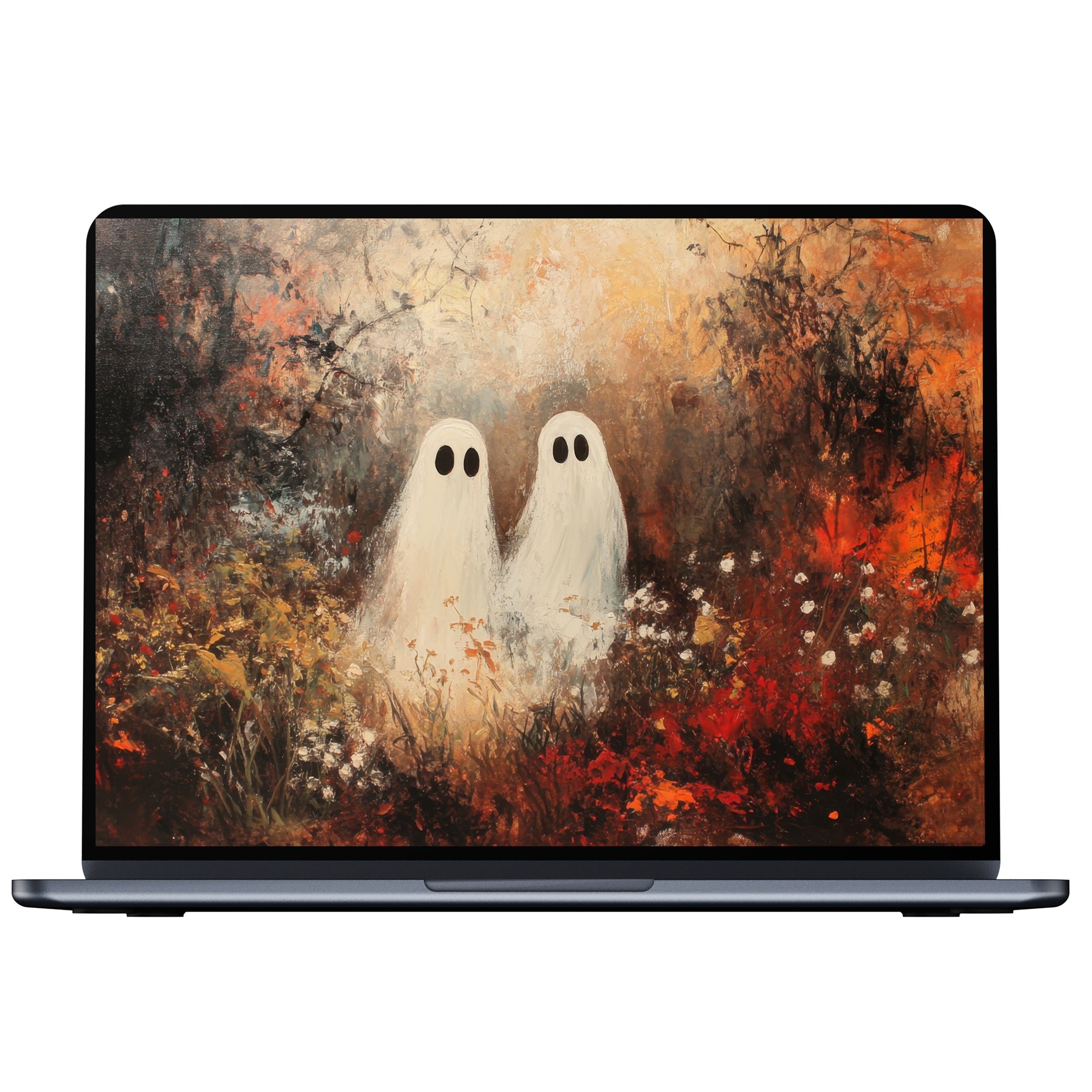 Halloween desktop wallpaper digital download features serene ghosts in an autumn forest painting, ideal for PC and laptop screens