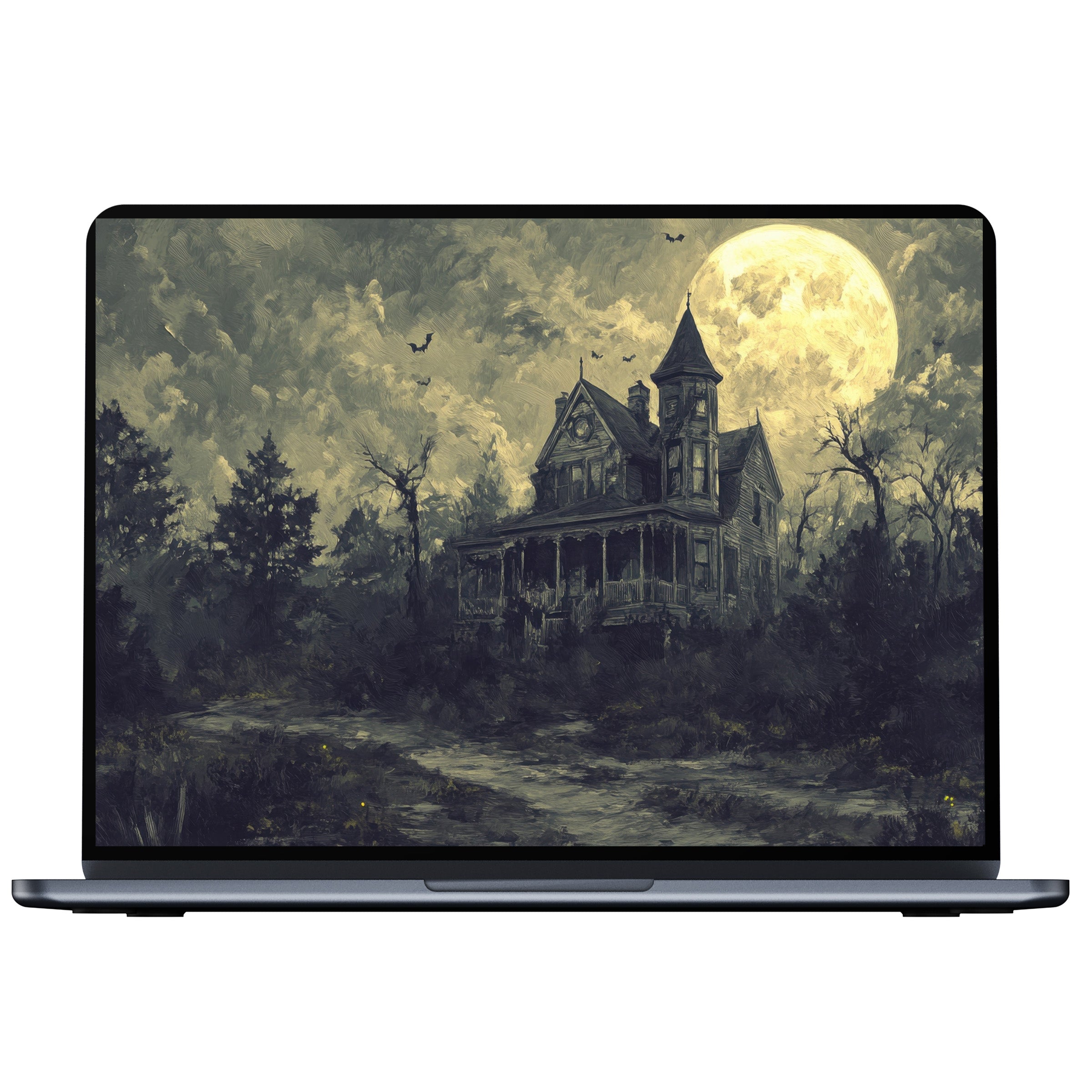 Halloween desktop wallpaper capturing a serene haunted house scene under a full moon digital download for PC and laptop elegance