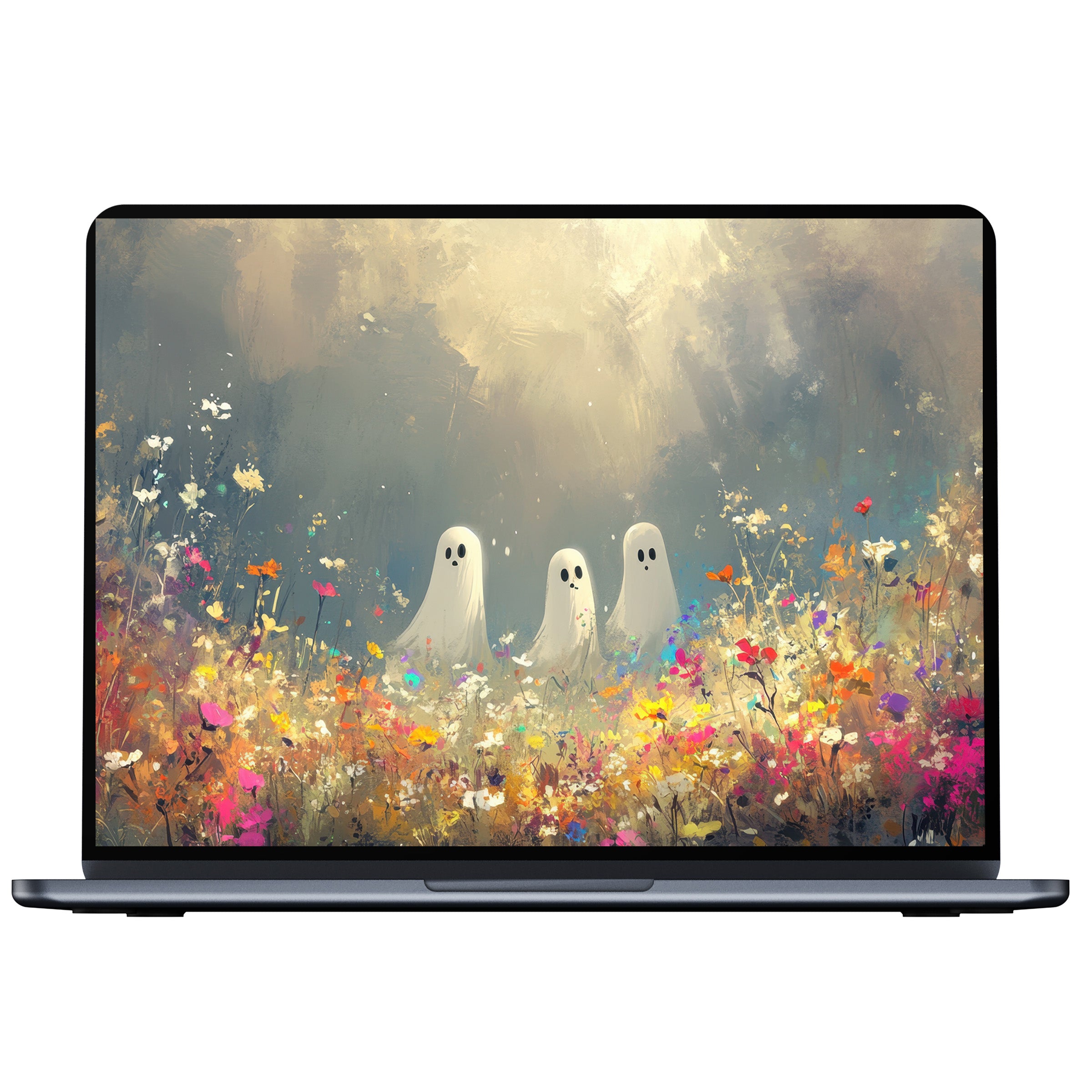 Elegant halloween desktop wallpaper featuring ghostly figures in a colorful field, perfect digital download for PC, Laptop, Mac users