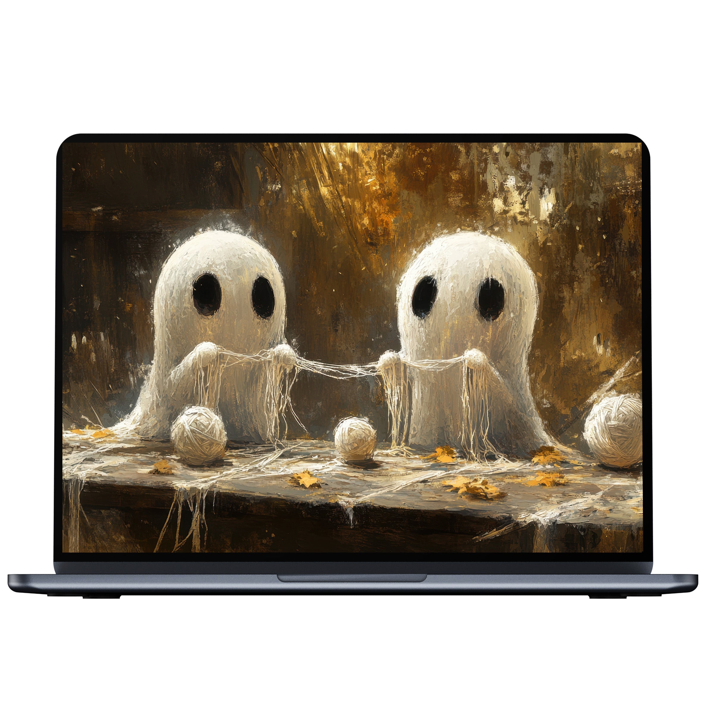 Haunted elegance in this Halloween desktop wallpaper digital download featuring cozy ghosts knitting for PC and laptop screens