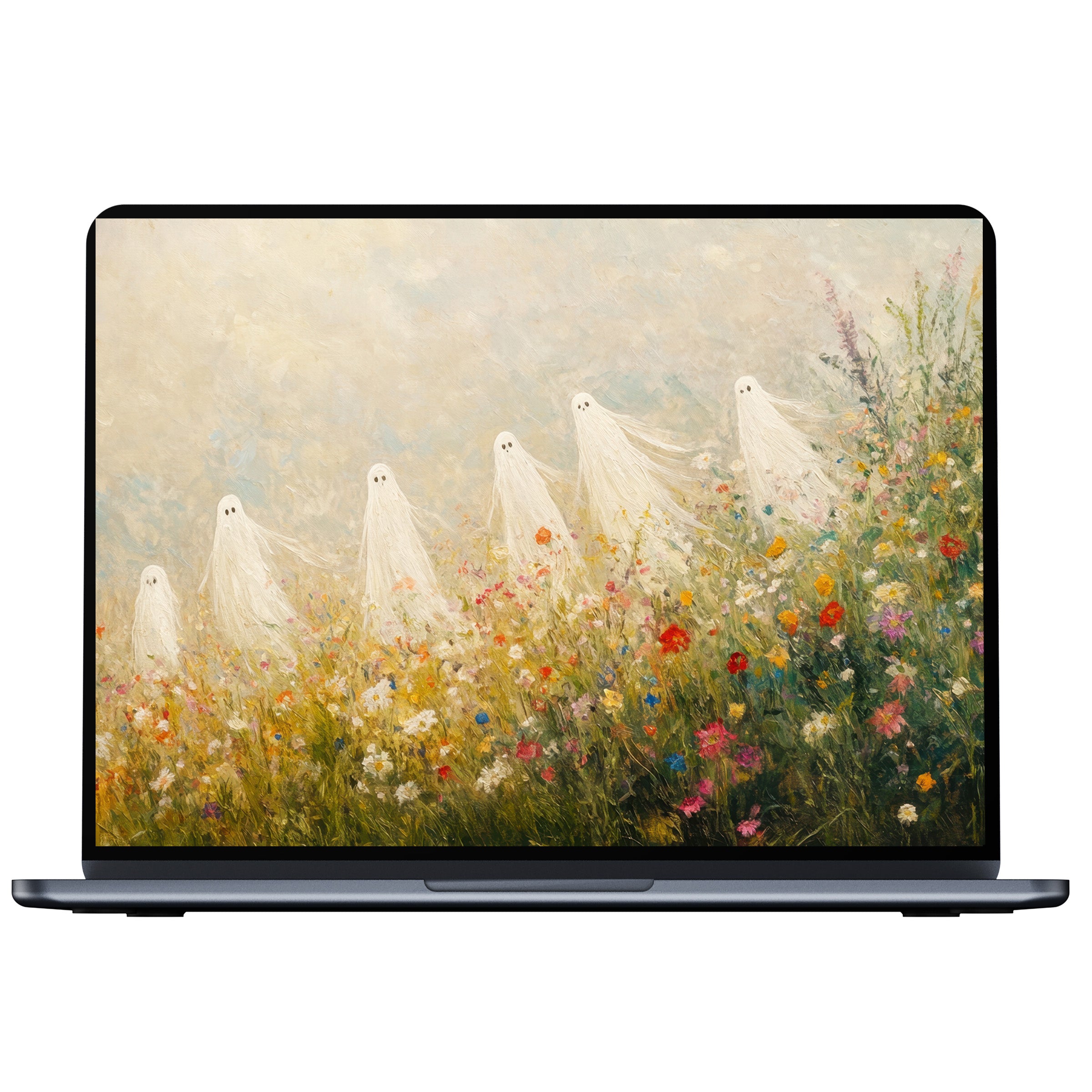 Halloween desktop wallpaper with elegant ghosts in a serene floral landscape, perfect digital download for PC or laptop screens