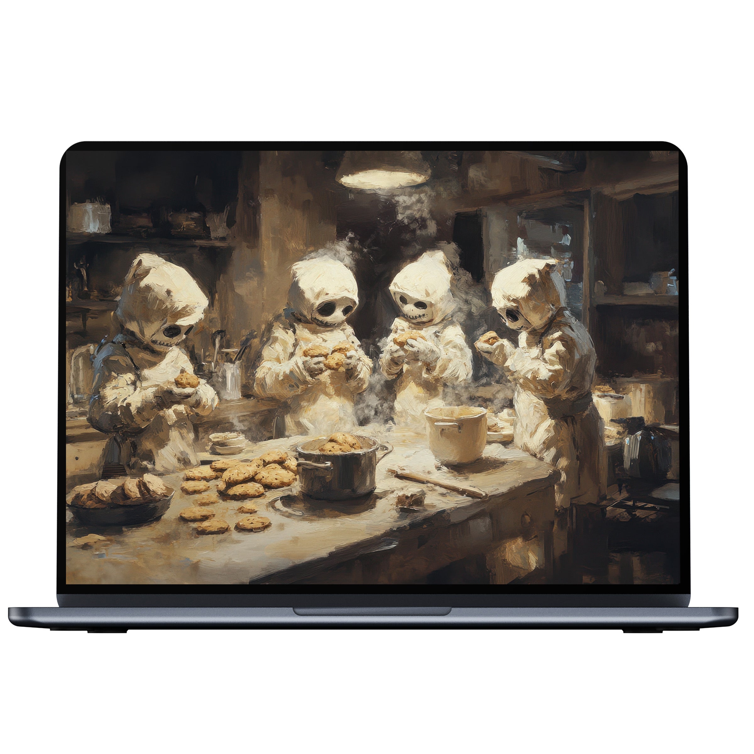 Halloween desktop wallpaper featuring whimsical skeletons baking cookies in a cozy kitchen setting digital download for PC and laptop
