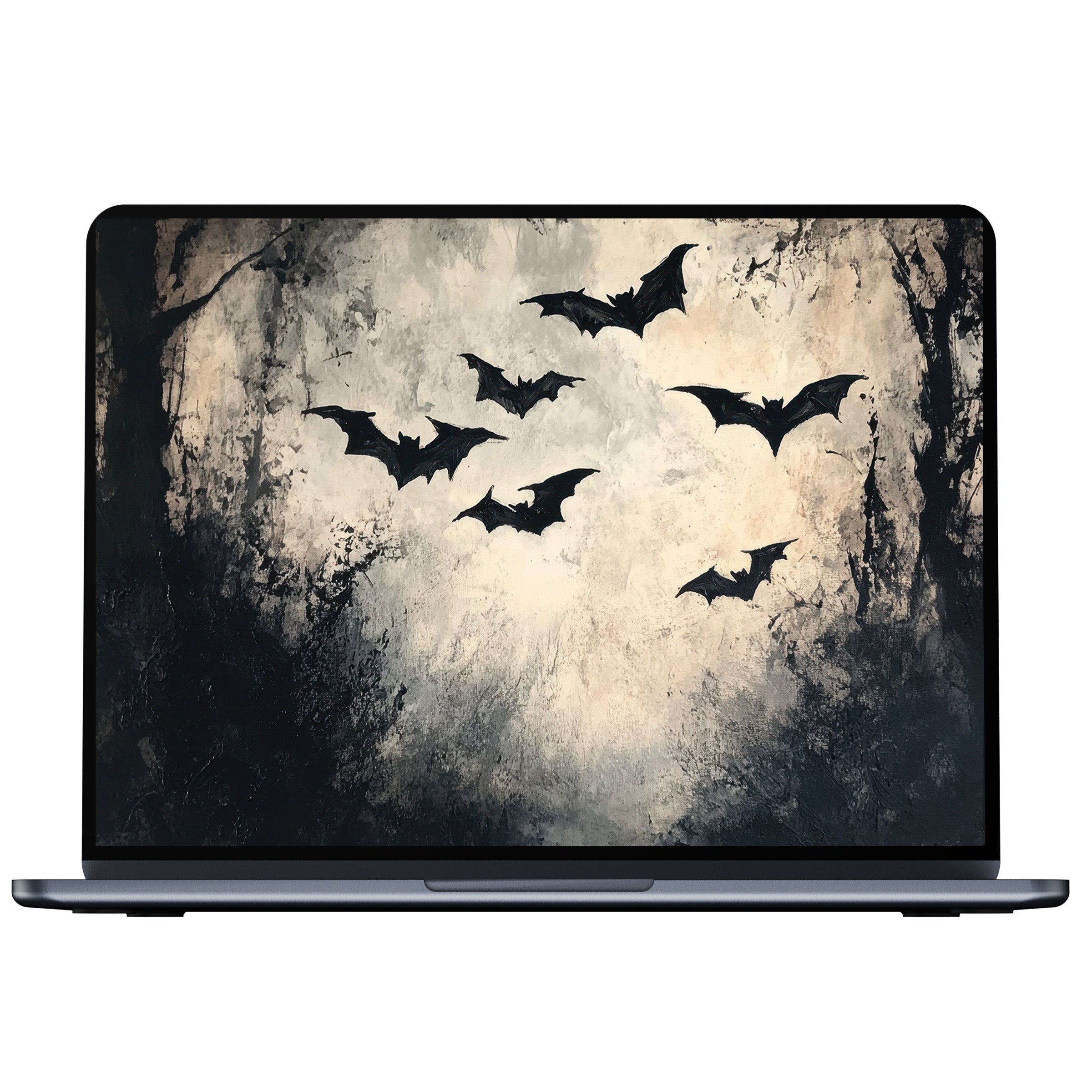 Elegant halloween desktop wallpaper with silhouettes of bats against a misty sky offers calm inspiration for pc and laptop users in digital download