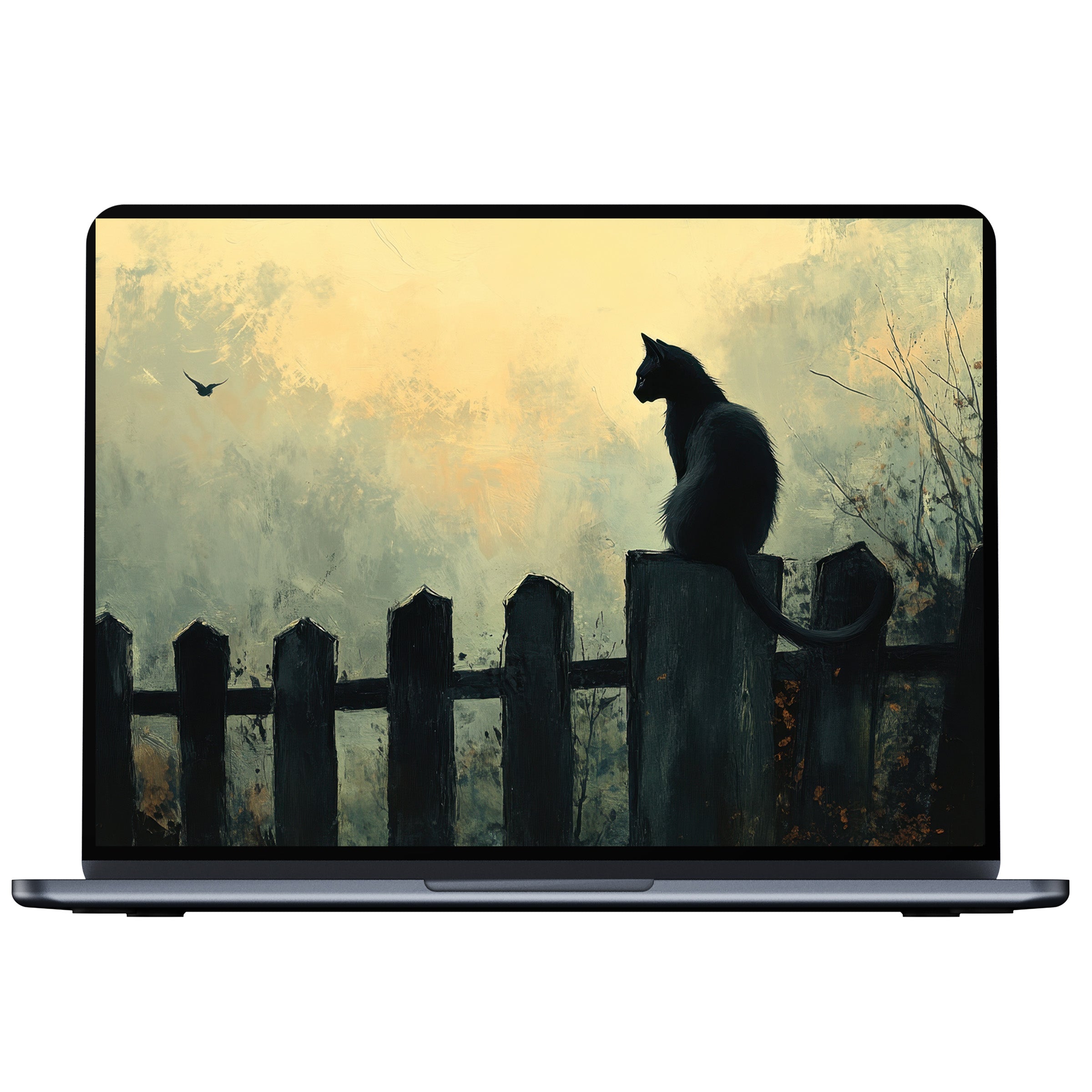 Lush digital art of a black cat on a fence at dusk, perfect halloween desktop wallpaper for PC, laptop or Mac users