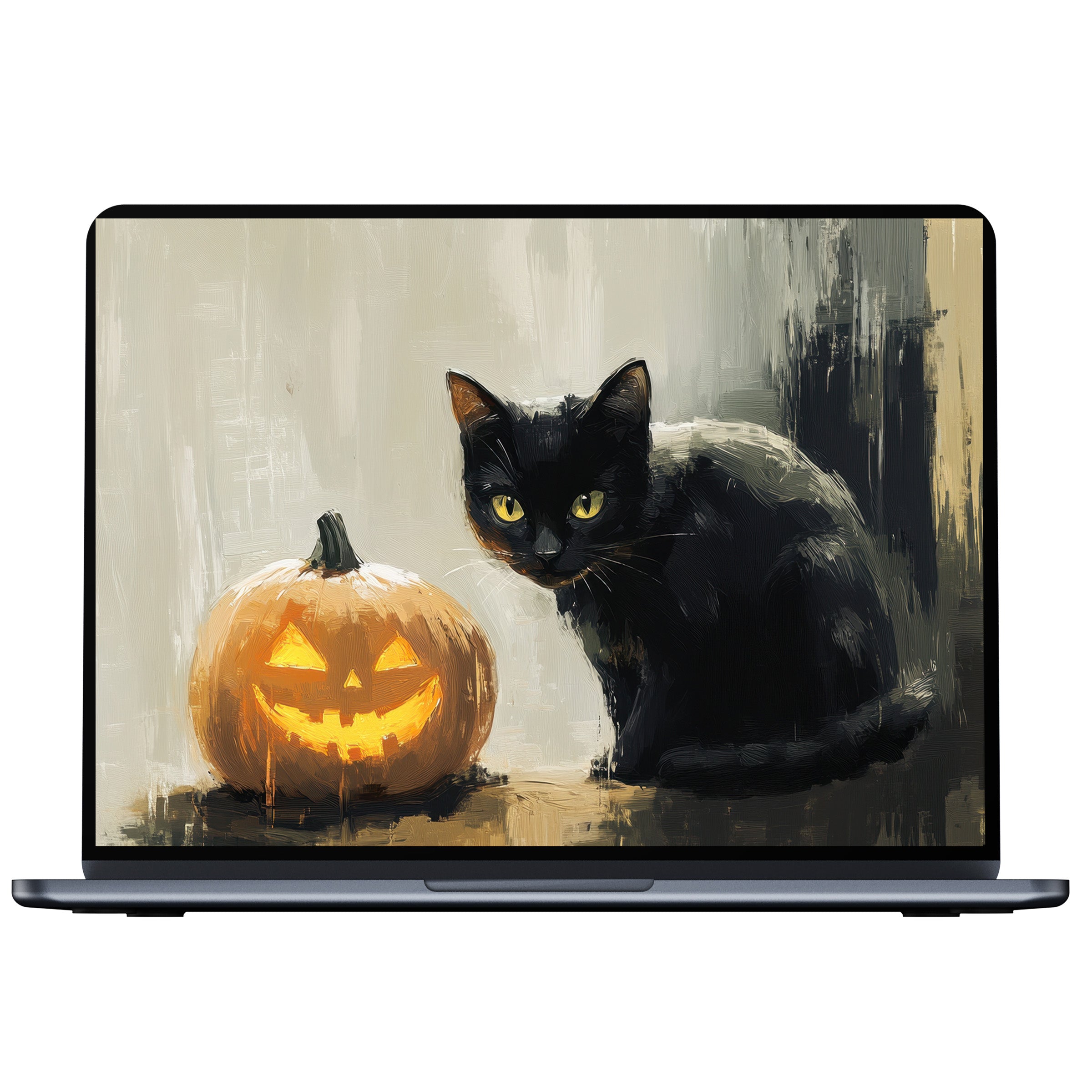 Elegant halloween desktop wallpaper with a black cat and glowing pumpkin in a calm digital art style for PC or laptop download