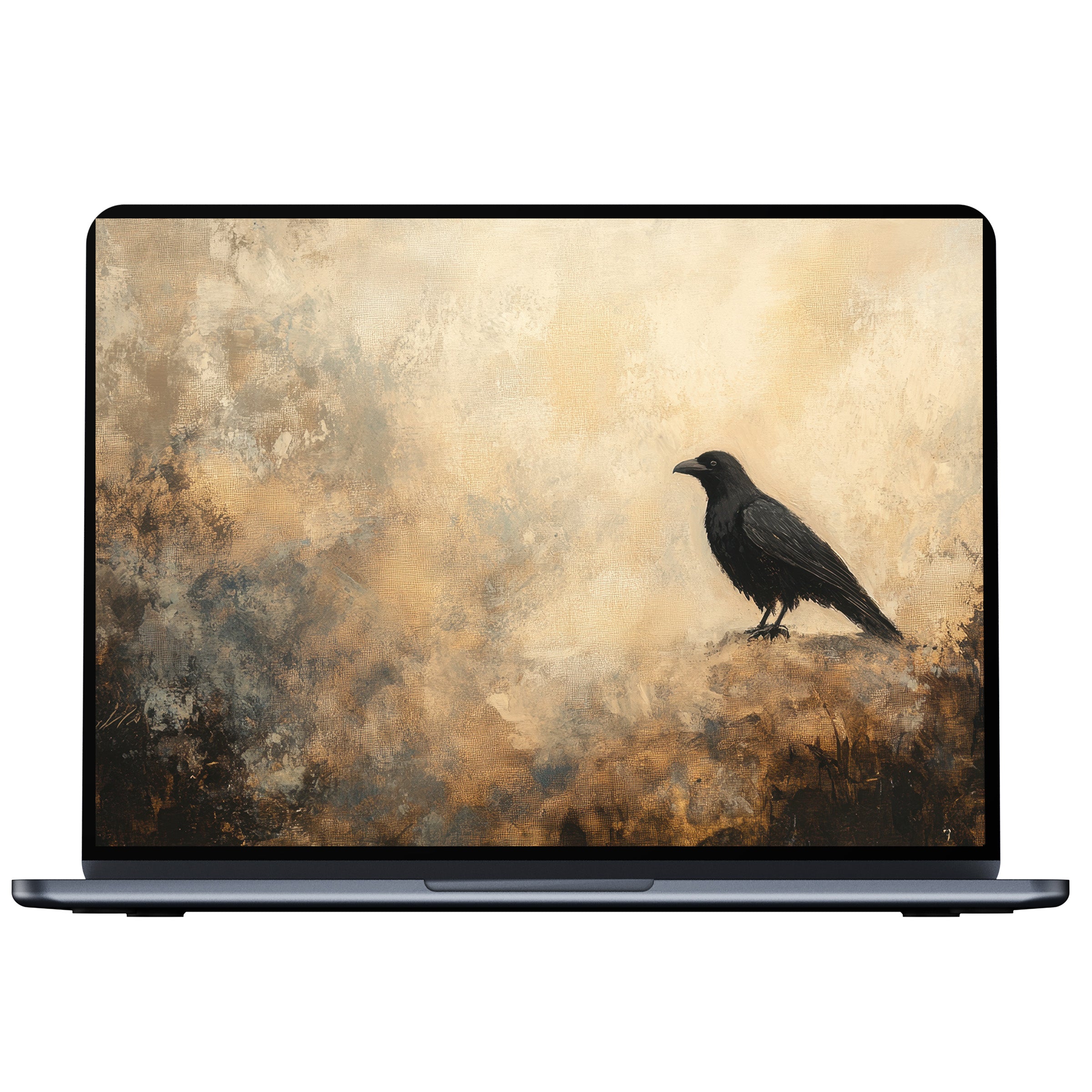 Ethereal halloween desktop wallpaper with a solitary crow on a textured beige canvas, perfect digital download for PC and laptop screens