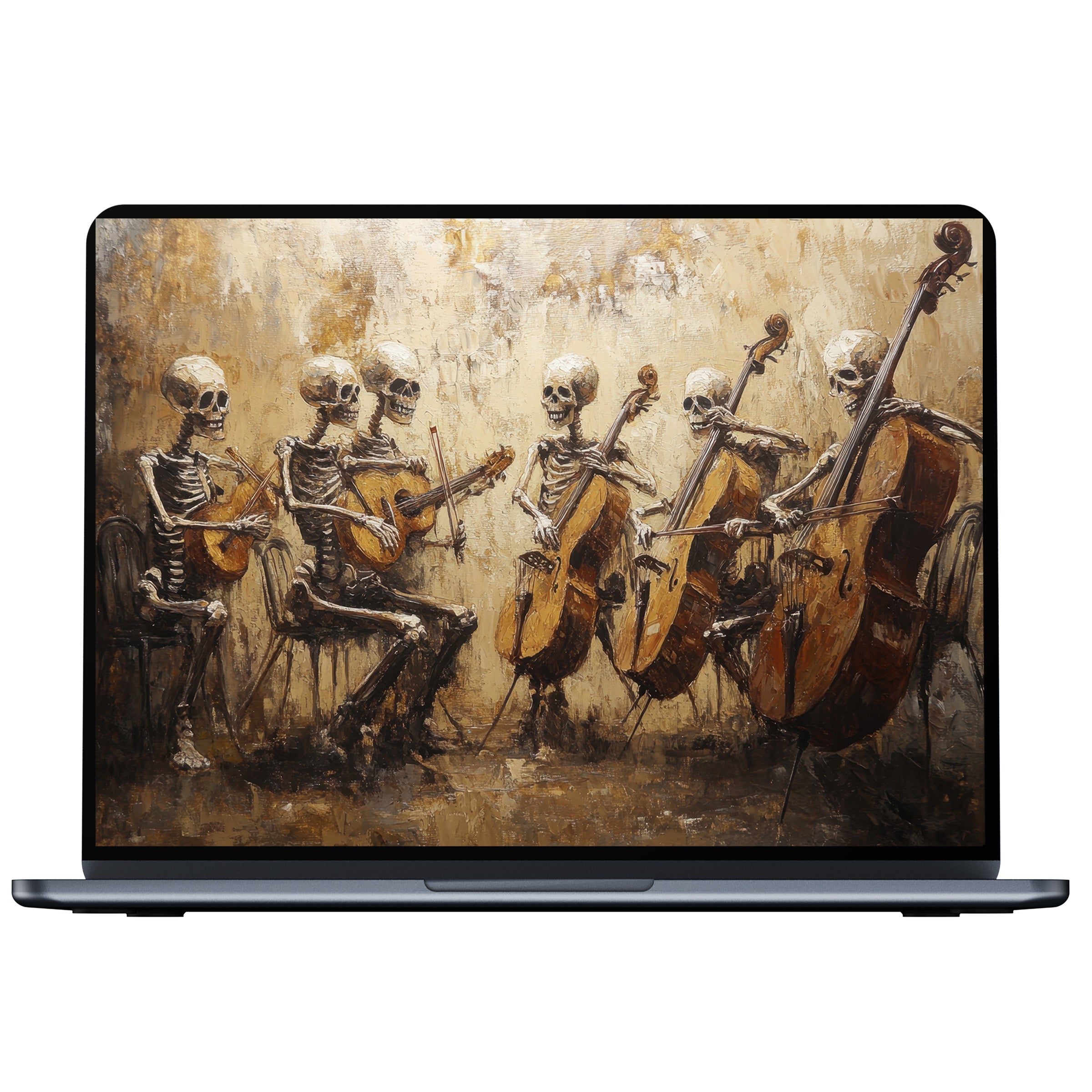 Halloween desktop wallpaper features elegant skeleton musicians in warm earthy tones offering calm inspiration for PC, laptop, Mac users