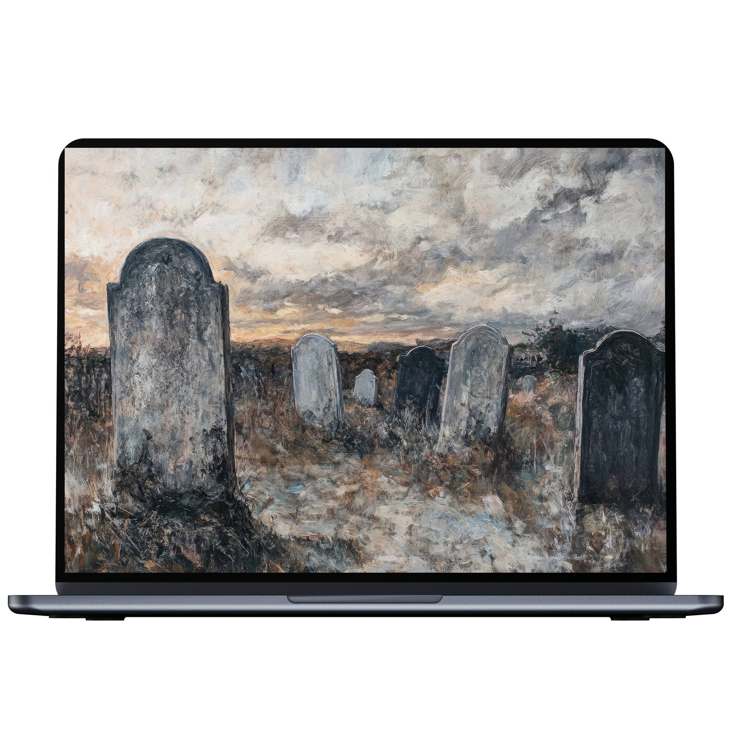 Calming Halloween desktop wallpaper featuring a serene graveyard scene perfect for PC, Laptop, or Mac digital download users