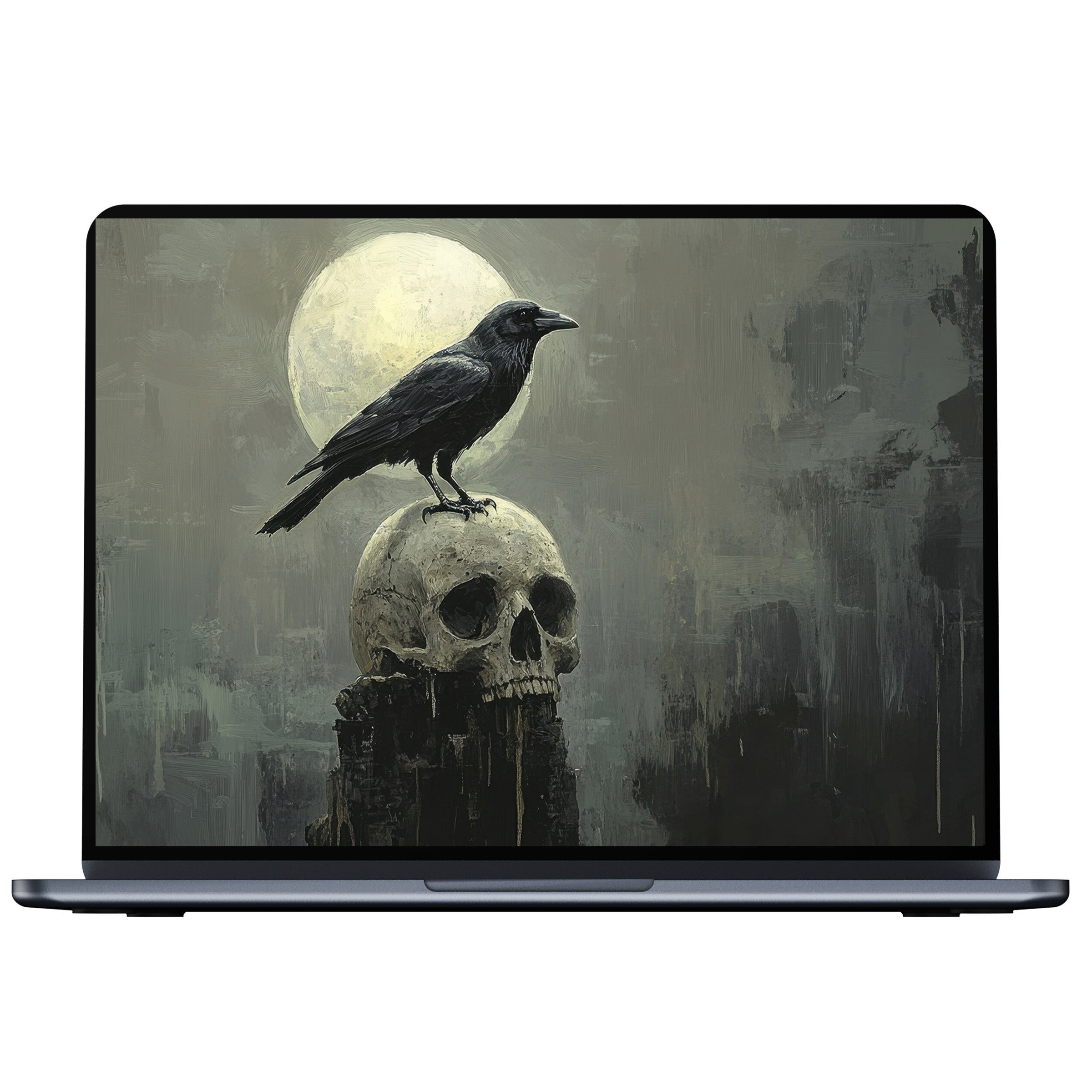 Halloween desktop wallpaper featuring a raven on a skull under a full moon, perfect digital download for PC, Laptop, and Mac