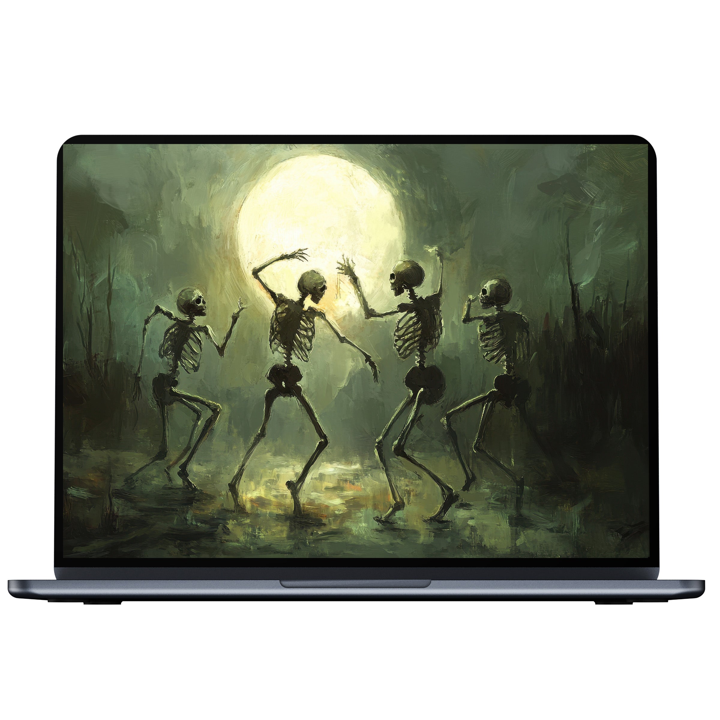 Elegant halloween desktop wallpaper with dancing skeletons under a glowing full moon ideal for PC and laptop digital download