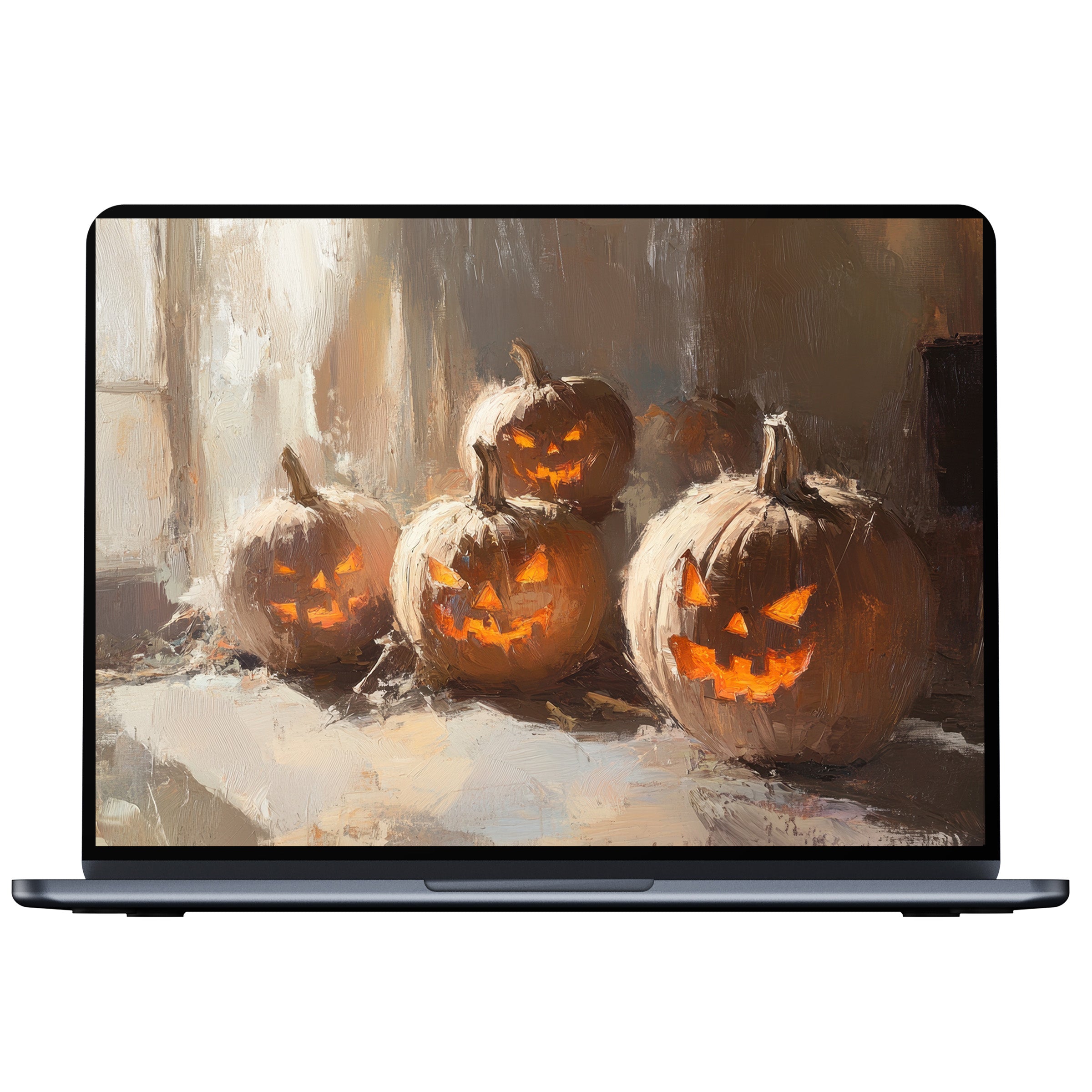 Elegant halloween desktop wallpaper featuring glowing pumpkins with warm tones perfect for PC, laptop, or Mac digital download