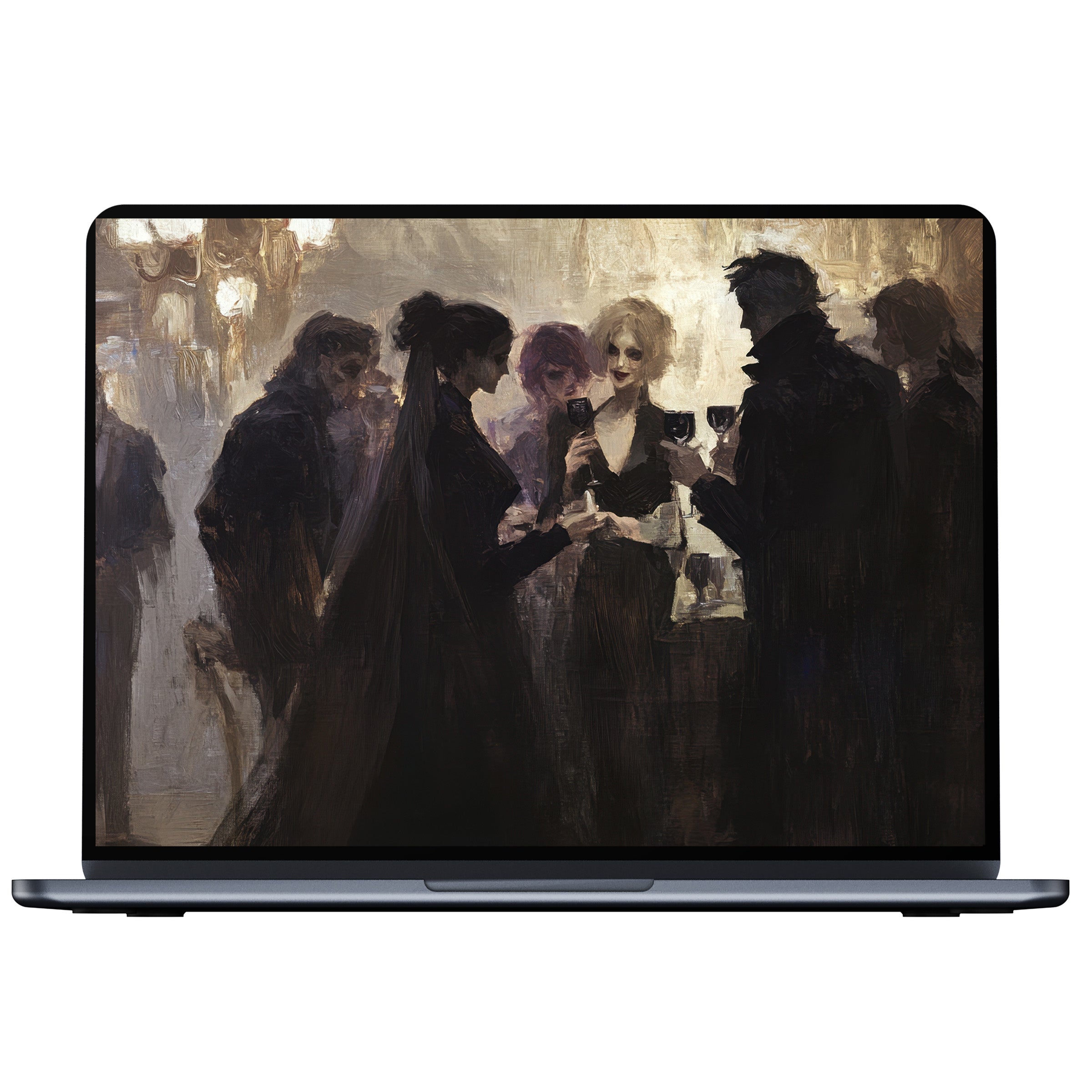 Elegant halloween desktop wallpaper digital download for PC and laptop featuring moody, painterly figures in soft lighting