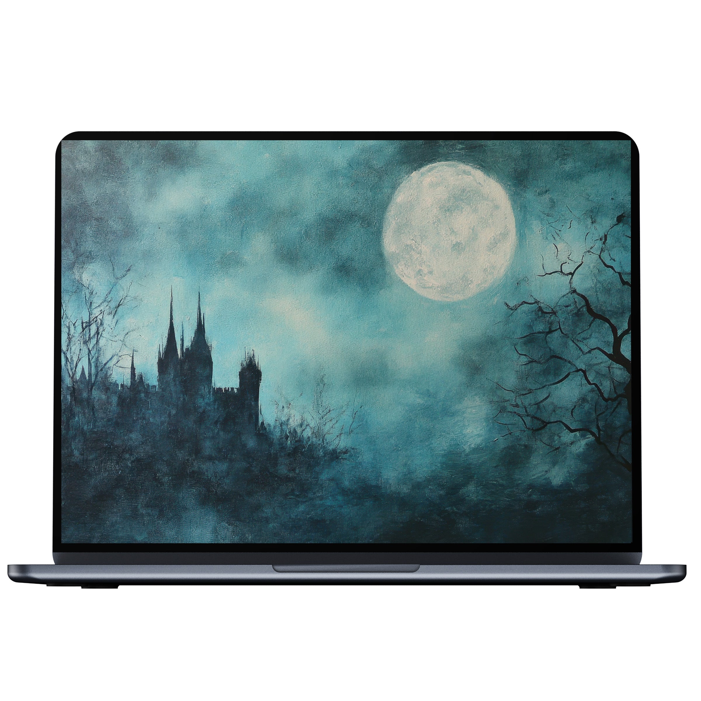 Eerie halloween desktop wallpaper with a misty castle under a glowing moon for serene calm on any PC or laptop digital download