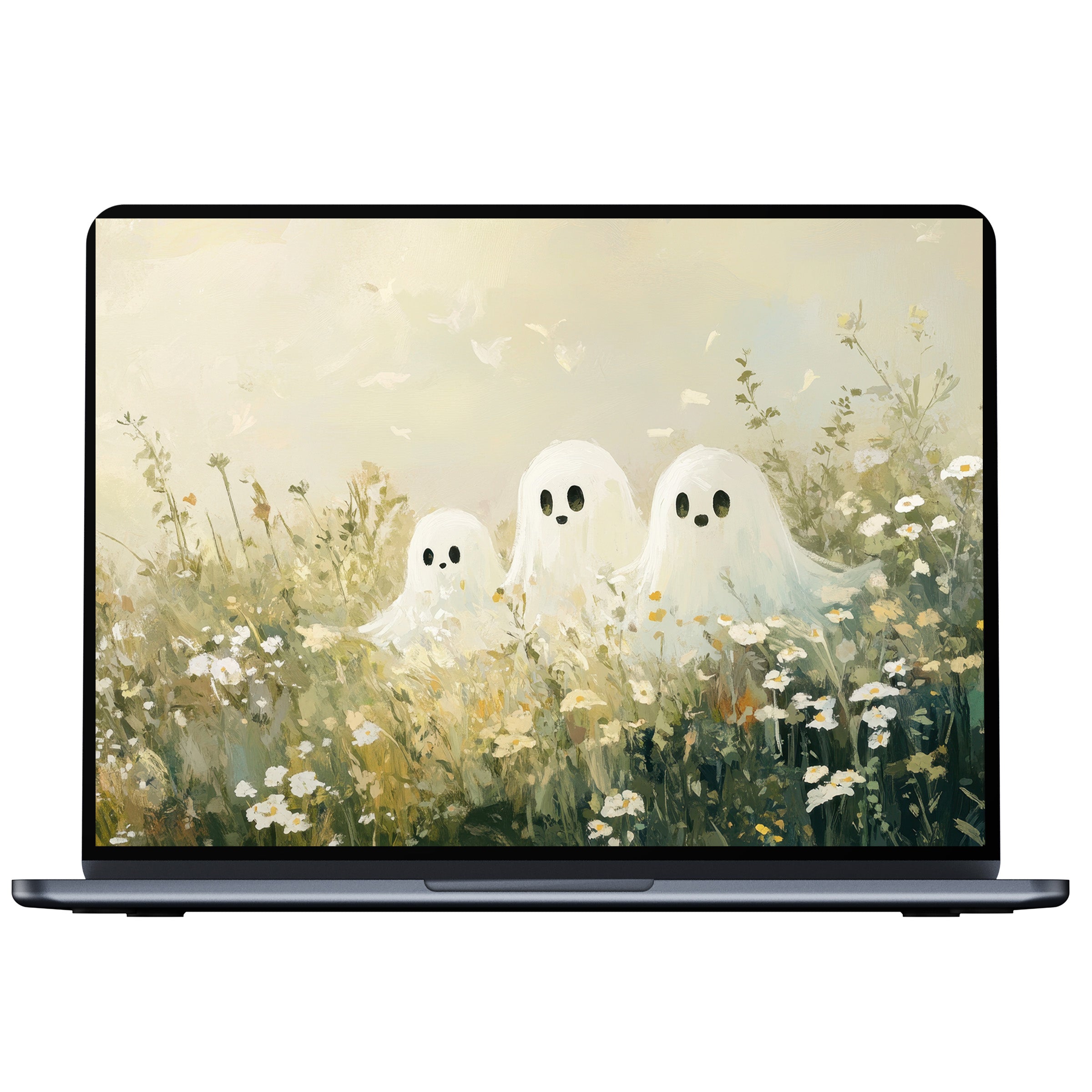Halloween desktop wallpaper with serene ghostly figures in a floral meadow for digital download fits PC Laptop Mac inspiring calm