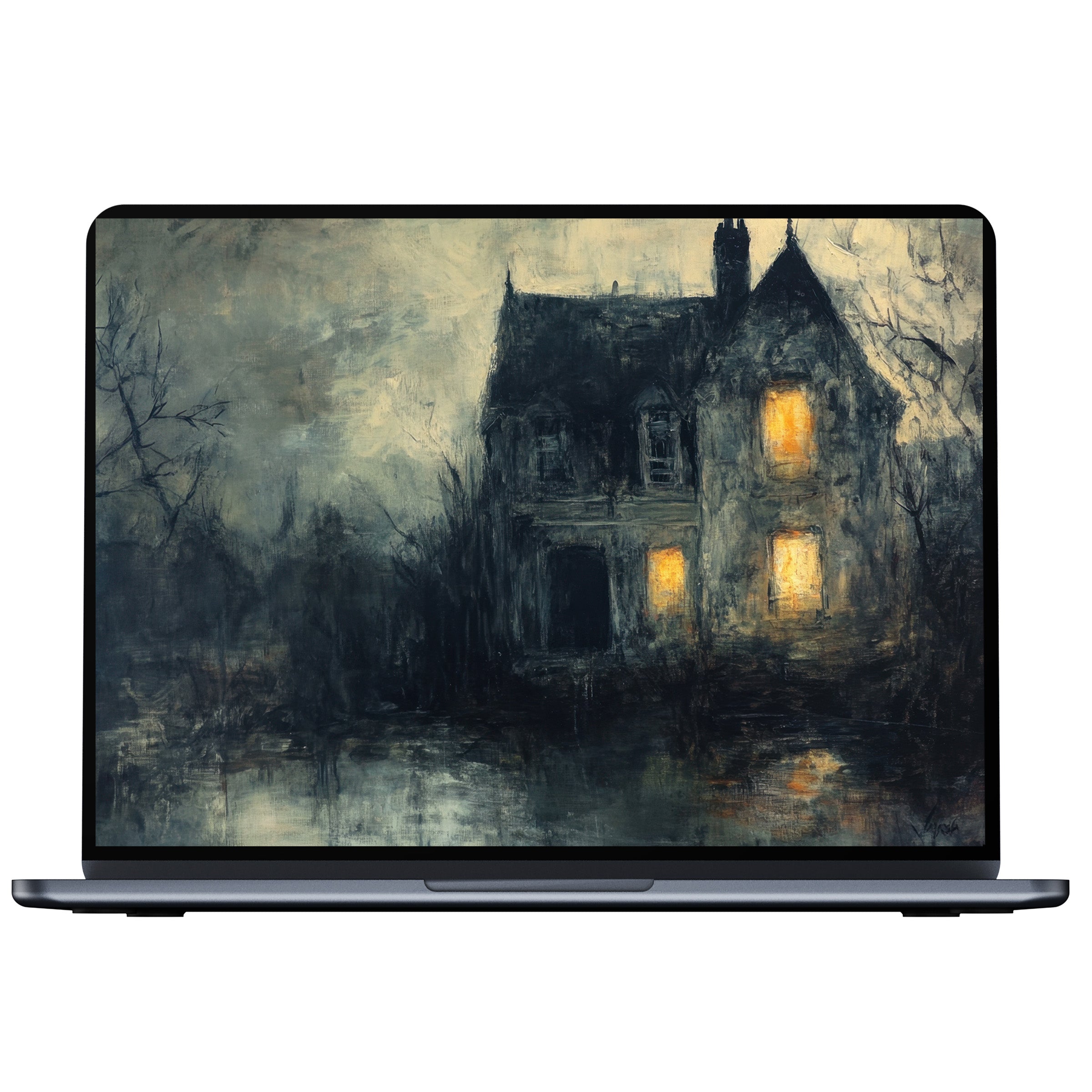 Eerie halloween desktop wallpaper digital download features a moody haunted house for PC or laptop creating a calm yet spooky vibe
