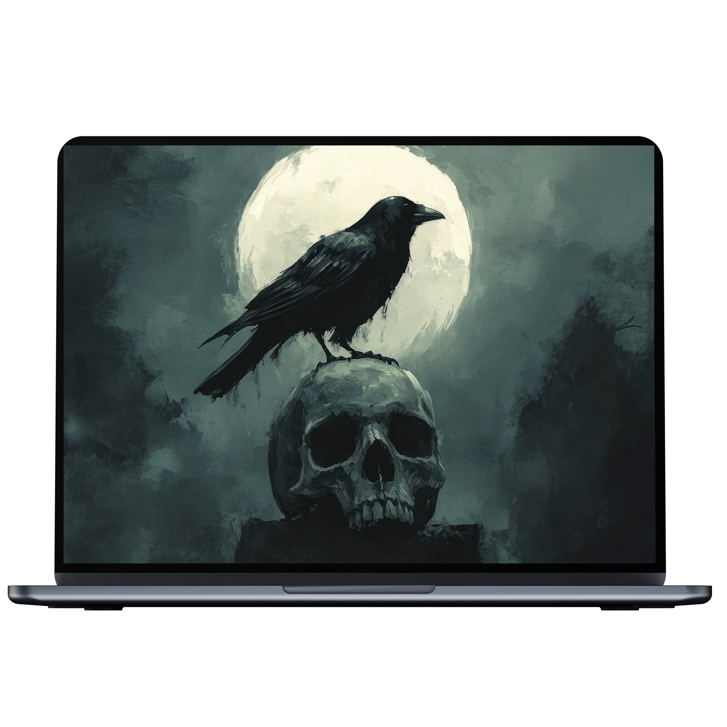 Halloween desktop wallpaper featuring a raven on a skull against a full moon in eerie tones for PC, laptop digital download satisfaction