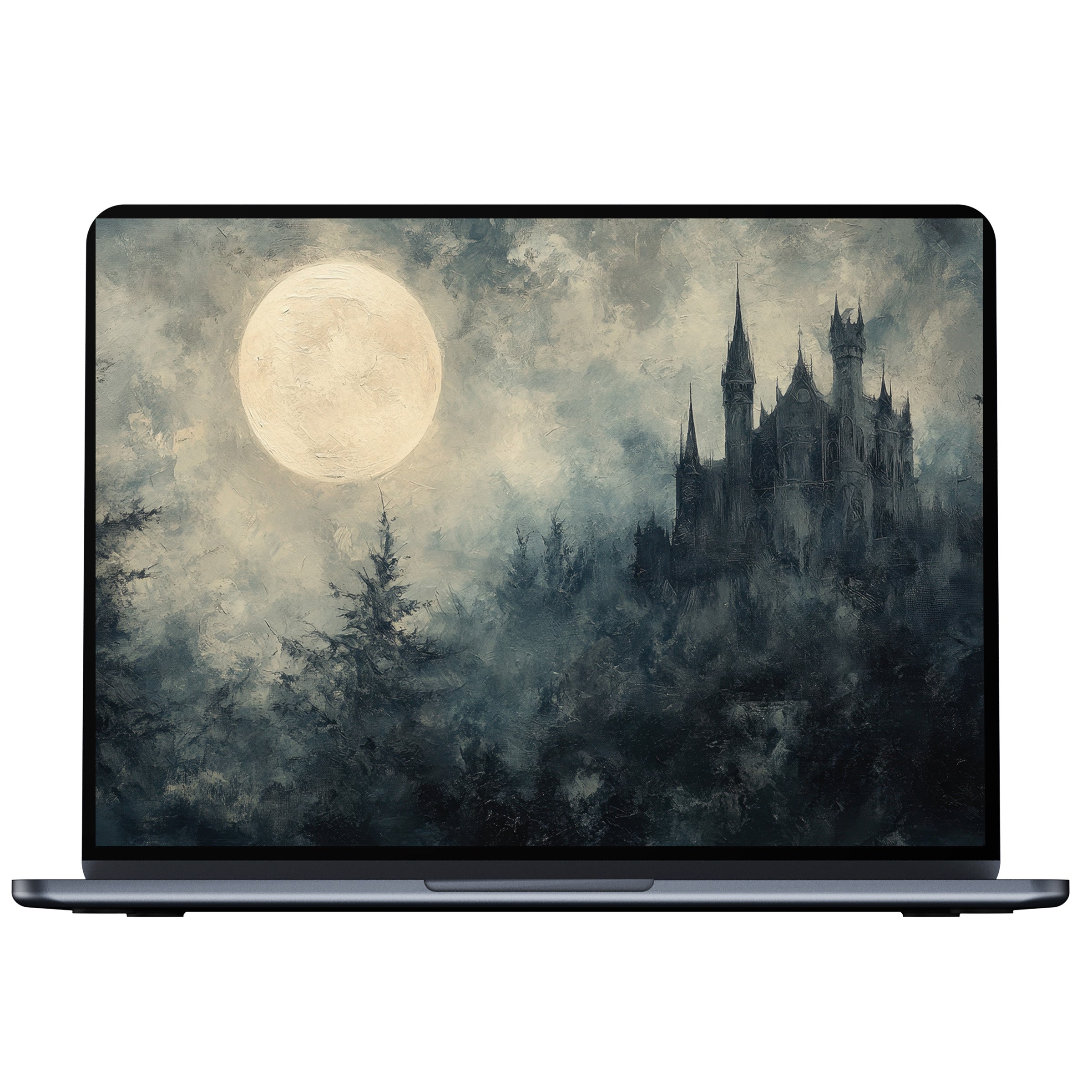 Ethereal halloween desktop wallpaper featuring a moonlit castle and misty forest, perfect for inspiring calm on PC or laptop screens
