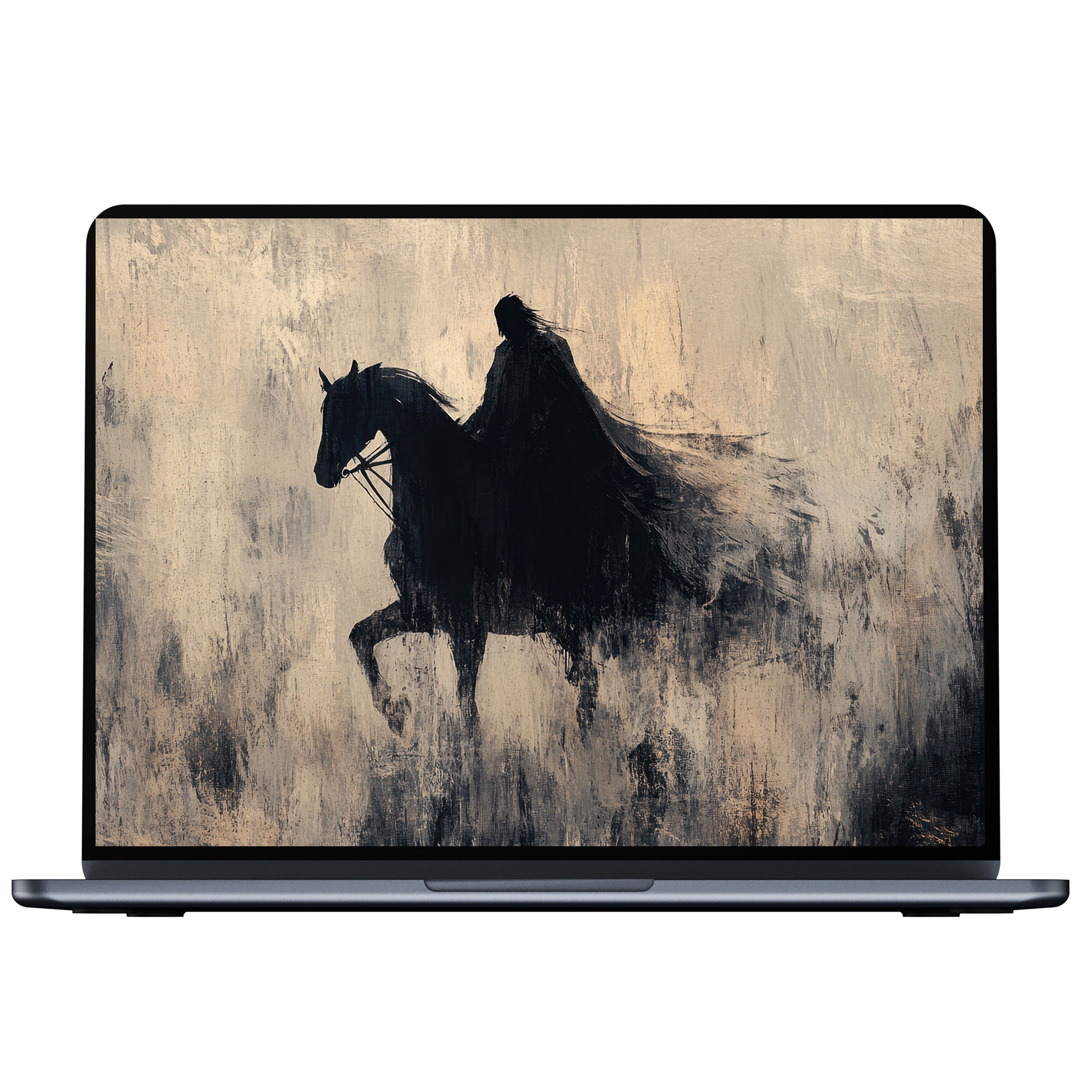 Mysterious Halloween desktop wallpaper depicting a shadowy rider on horseback, digital download for PC, laptop, or Mac screens