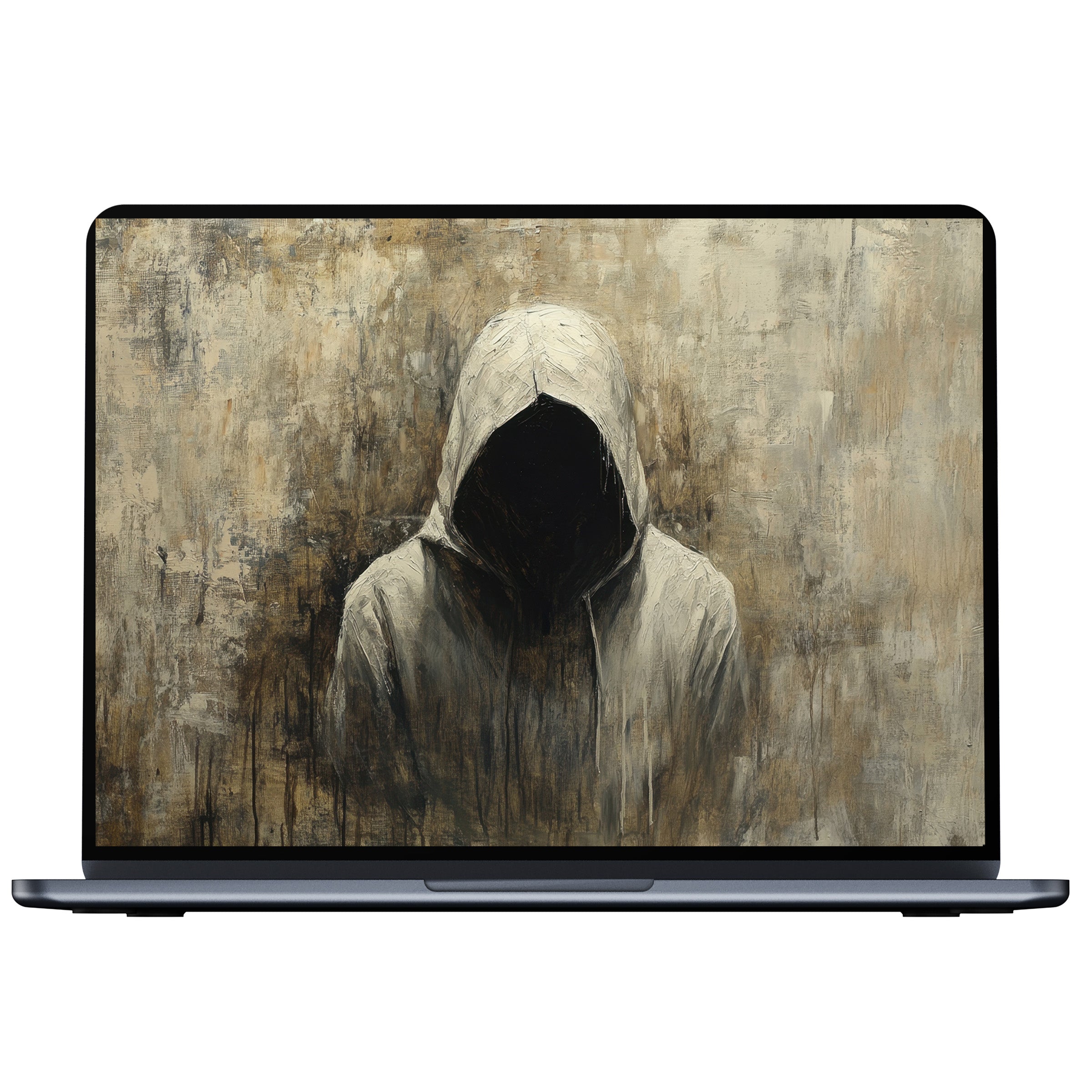 Elegant halloween desktop wallpaper featuring a mysterious hooded figure in earthy tones ideal for PC and laptop digital download