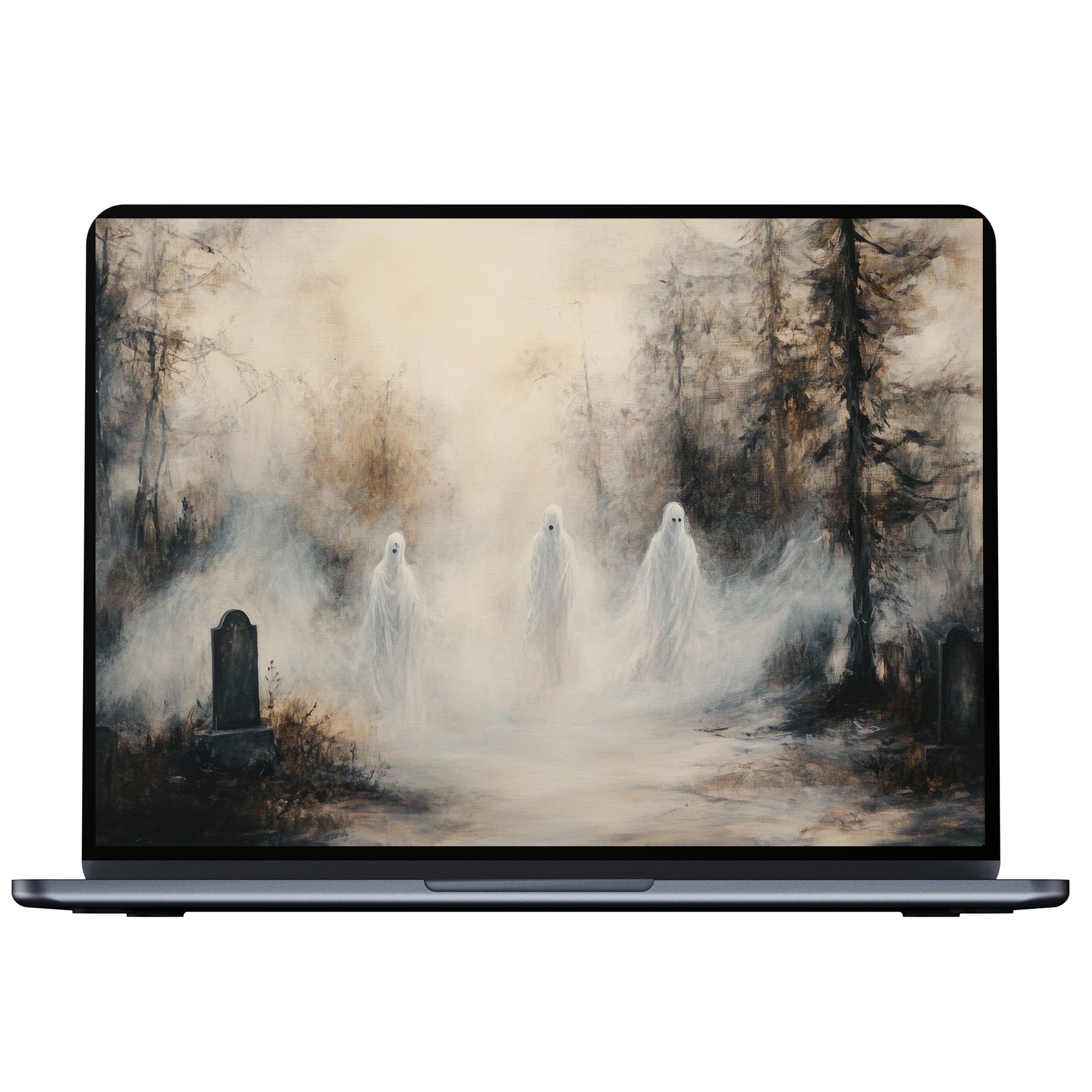 Halloween desktop wallpaper sets a serene mood with ghostly figures in misty woods for PC and laptop digital download inspiration