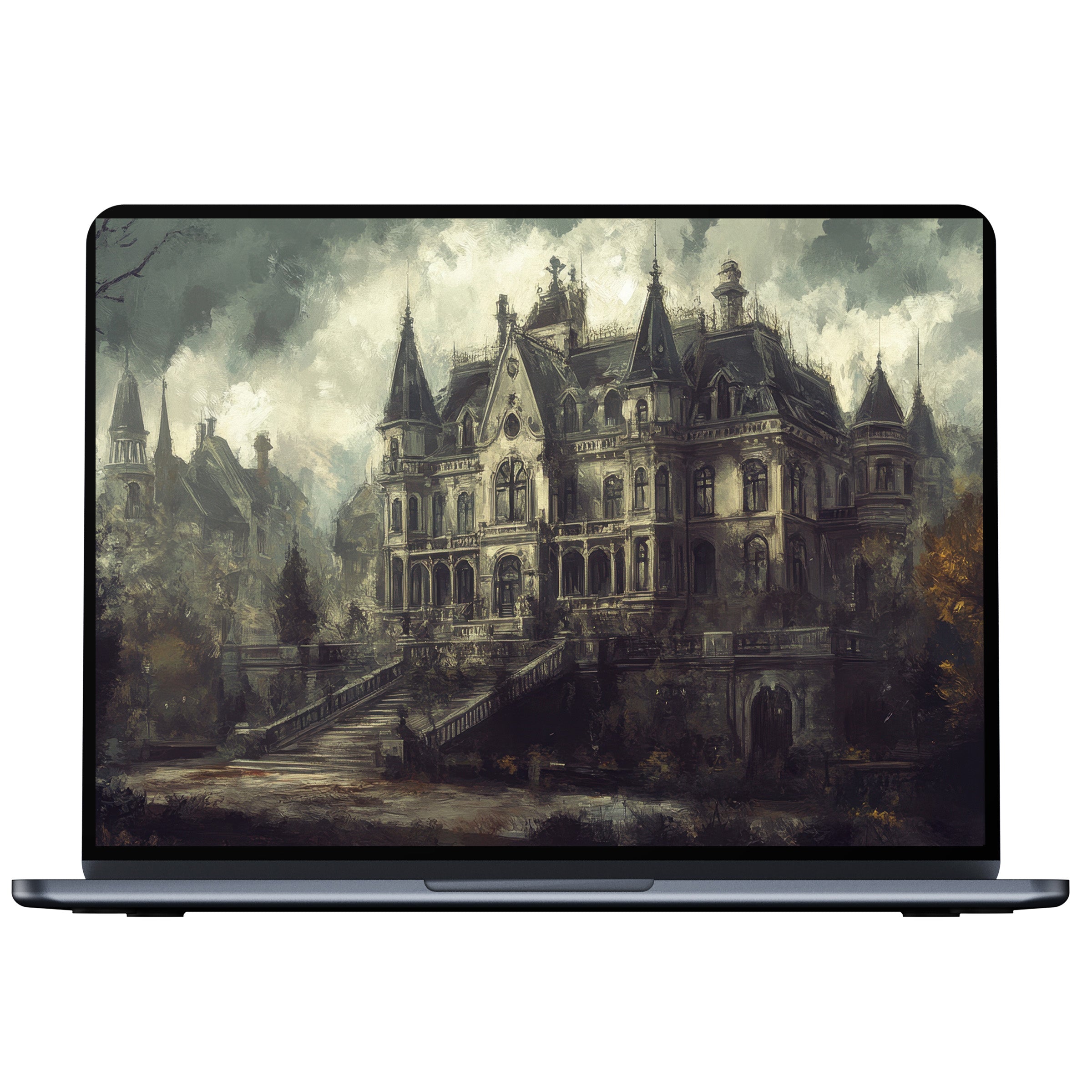 Elegant halloween desktop wallpaper with gothic mansion amid misty hues instills calm and inspiration on PC, laptop digital download