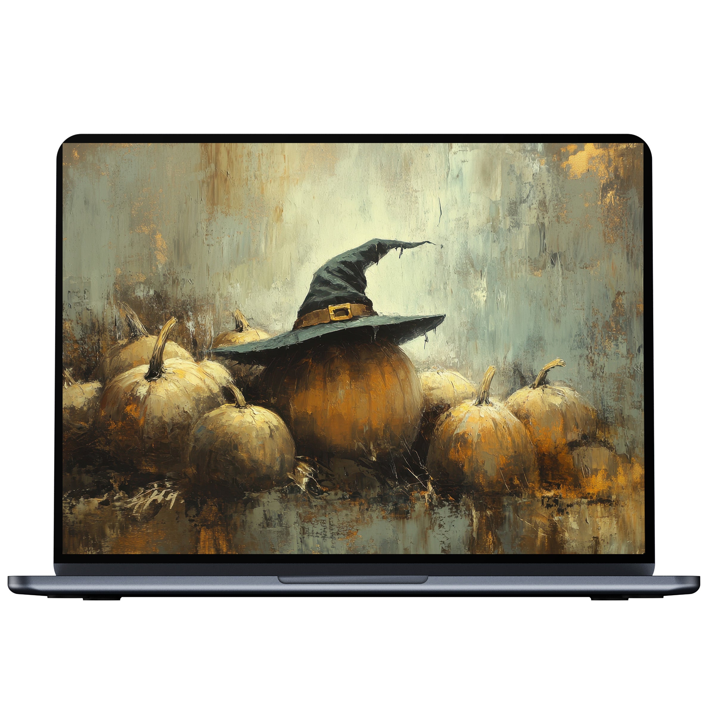 Elegant Halloween desktop wallpaper of pumpkins with witch hat artfully painted in soft hues ideal for PC laptop digital download