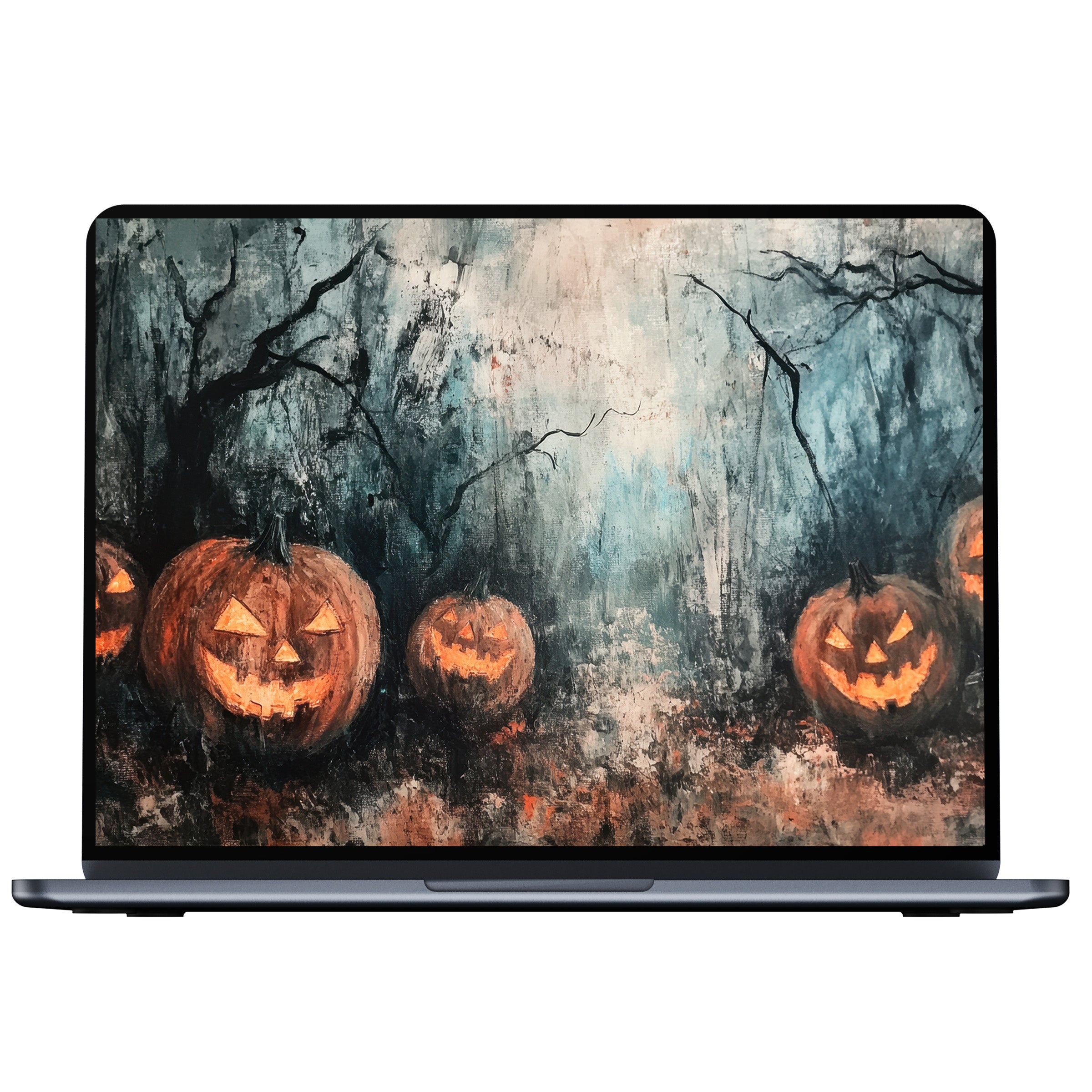 Halloween desktop wallpaper digital download featuring glowing pumpkins in a misty forest perfect for PC and laptop elegance