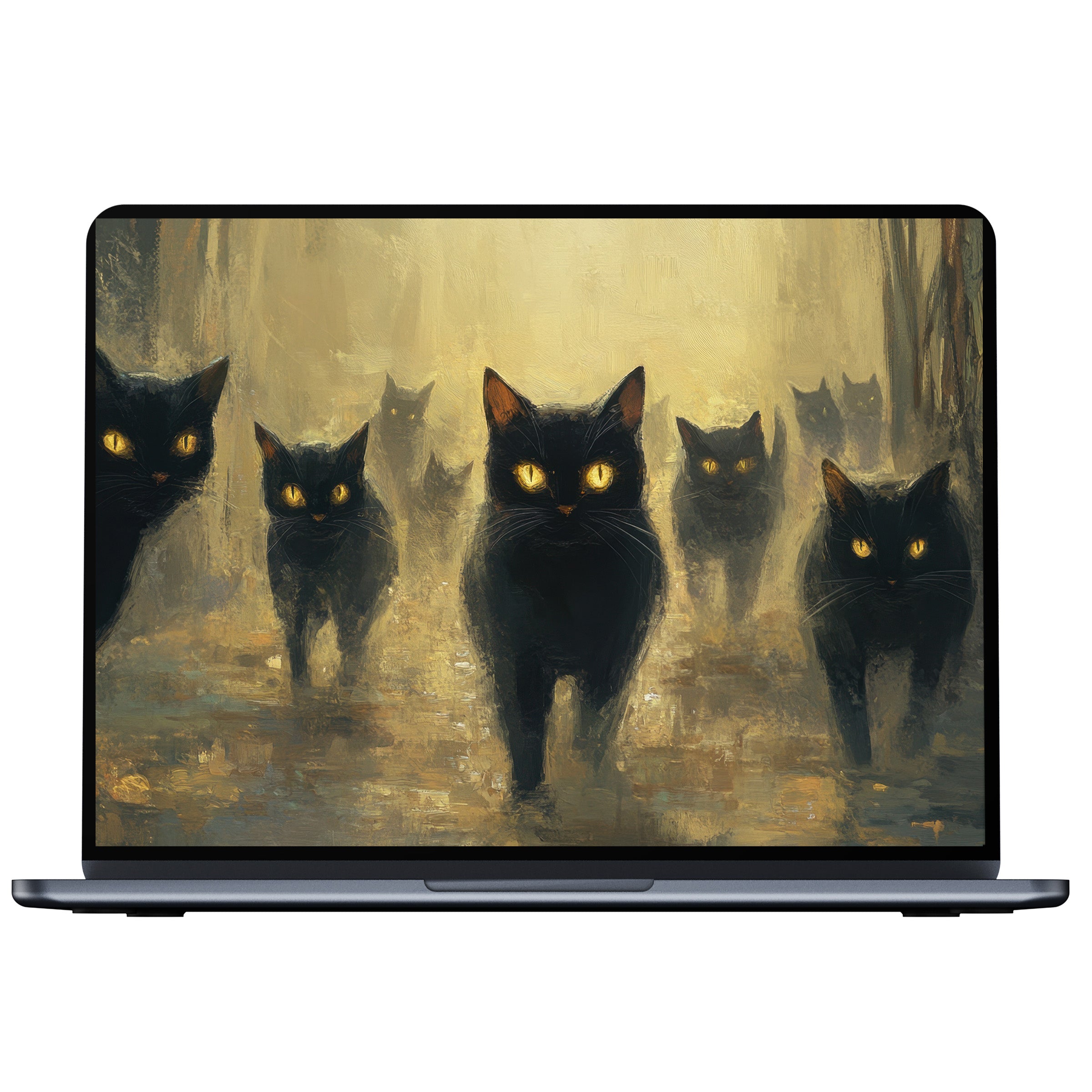 Mystical Halloween desktop wallpaper featuring black cats with vivid eyes in misty tones Digital download for PC and laptop