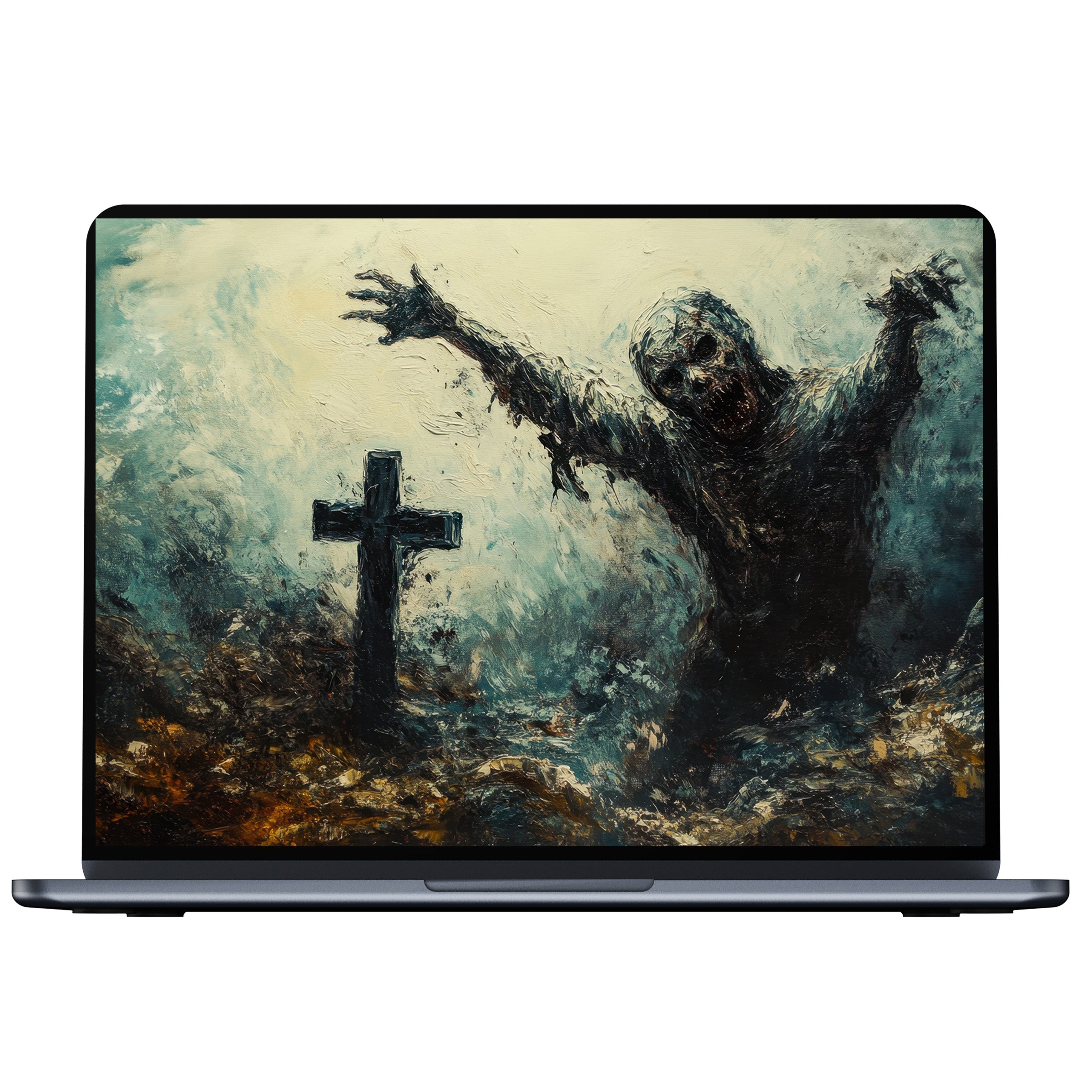 Halloween desktop wallpaper digital download for PC and laptop with an eerie zombie art piece inspiring elegance and mindfulness