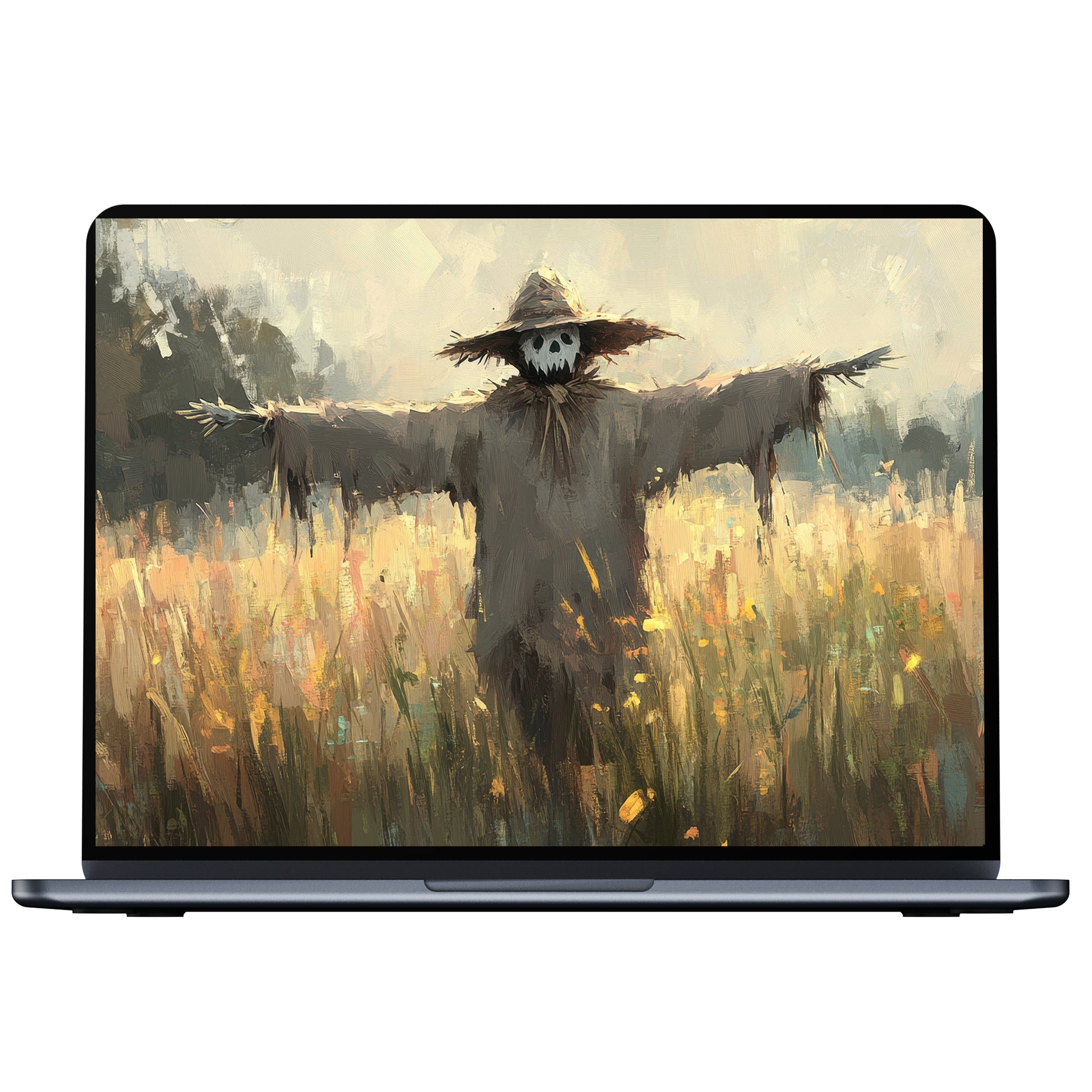 Elegant halloween desktop wallpaper featuring a haunting scarecrow in a misty field ideal for PC, Laptop, Mac digital download