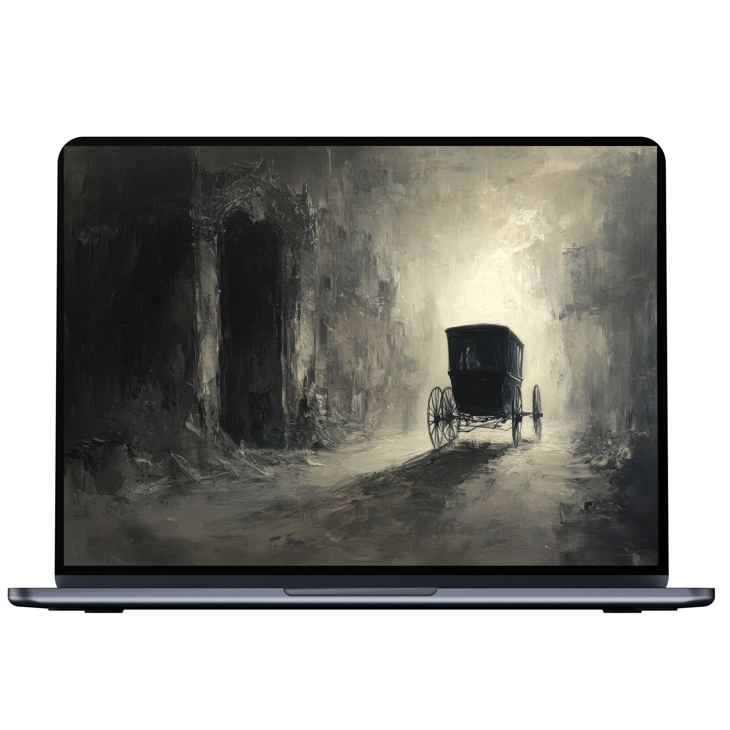 Ethereal halloween desktop wallpaper features a shadowy carriage in a misty landscape, ideal digital download for PC, laptop decor