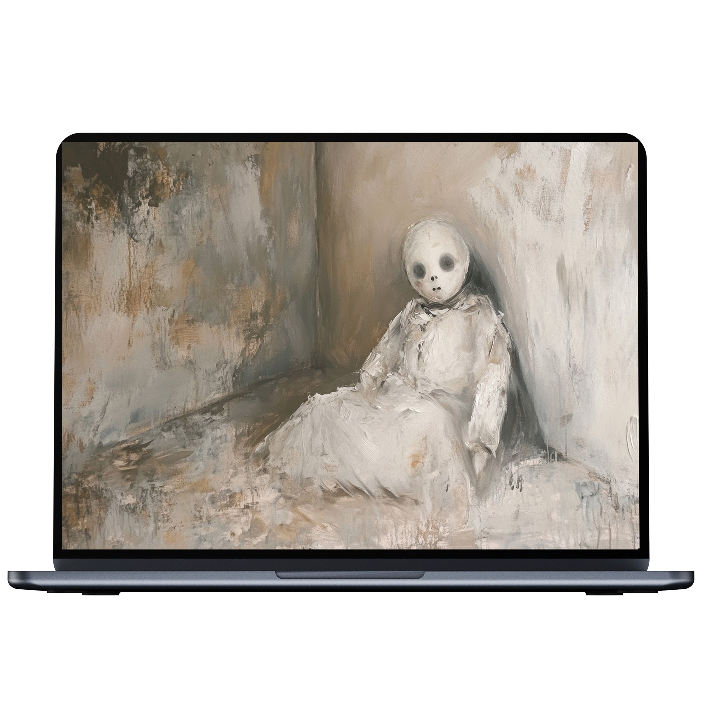 Elegant halloween desktop wallpaper featuring a ghostly figure in soft earthy tones inspires calm on any PC or laptop digital download