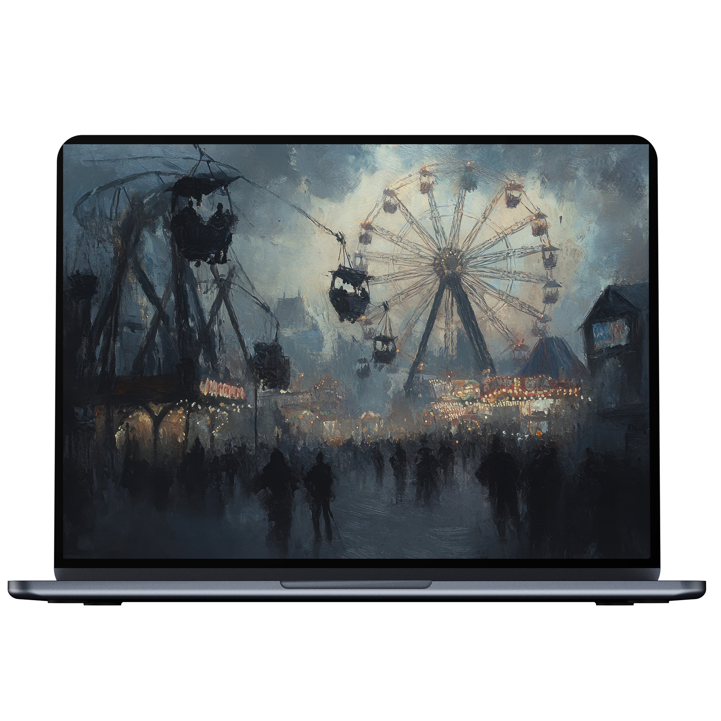 Ethereal halloween desktop wallpaper featuring a misty fairground, perfect digital download for PC or laptop, fostering elegant calm