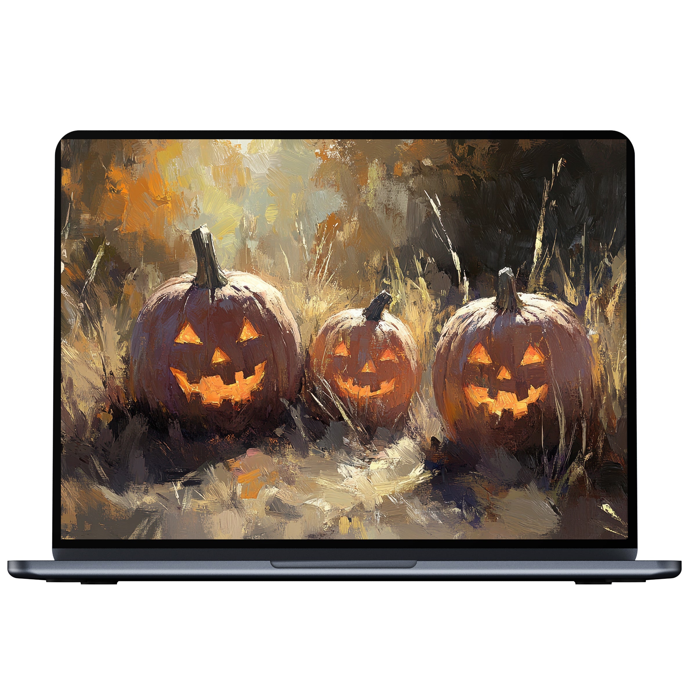 Halloween desktop wallpaper featuring three glowing jack-o'-lanterns in a serene painterly autumn setting perfect for PC or laptop digital download