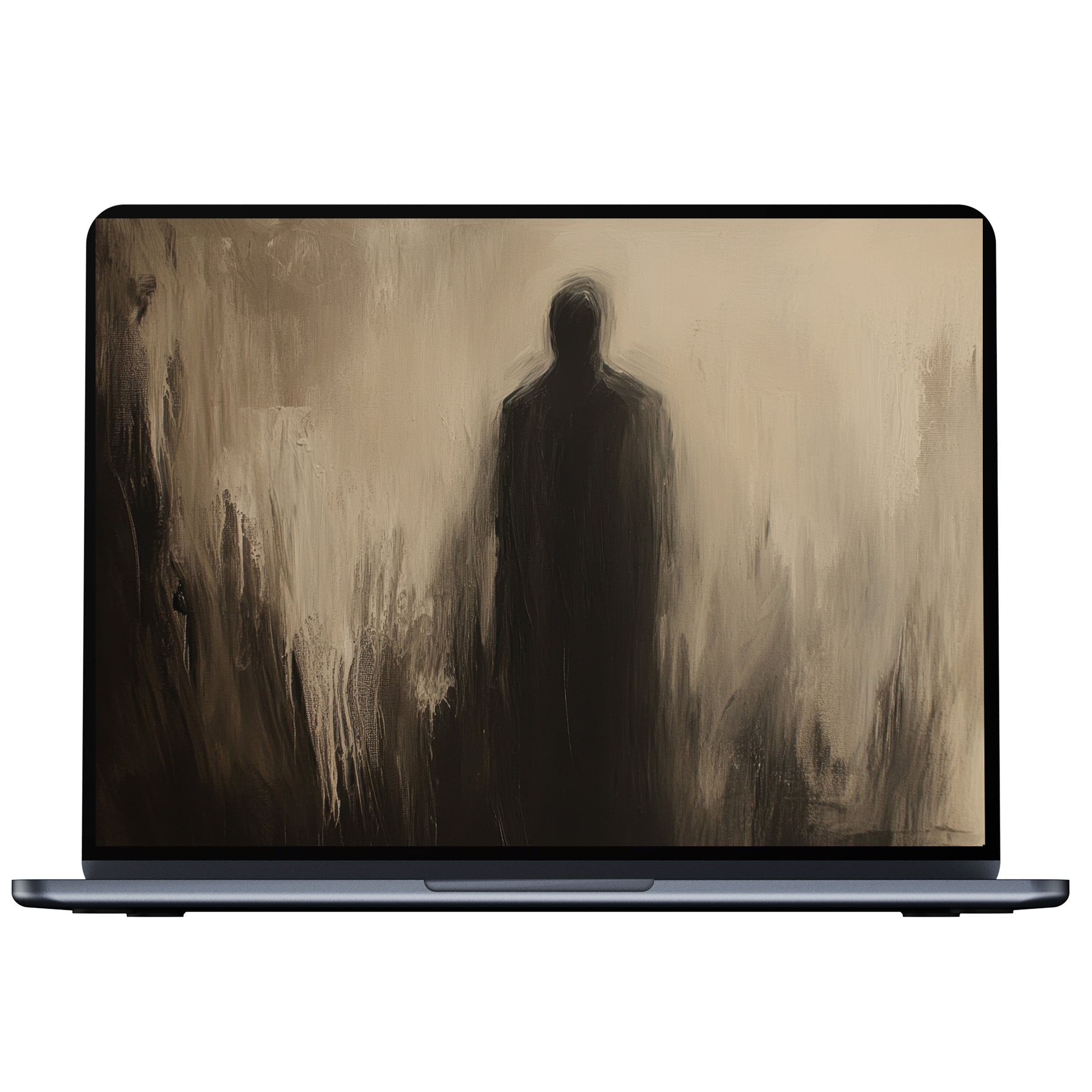 Elegant halloween desktop wallpaper featuring a shadowy figure in earthy tones for PC, Laptop, Mac digital download inspiring calm