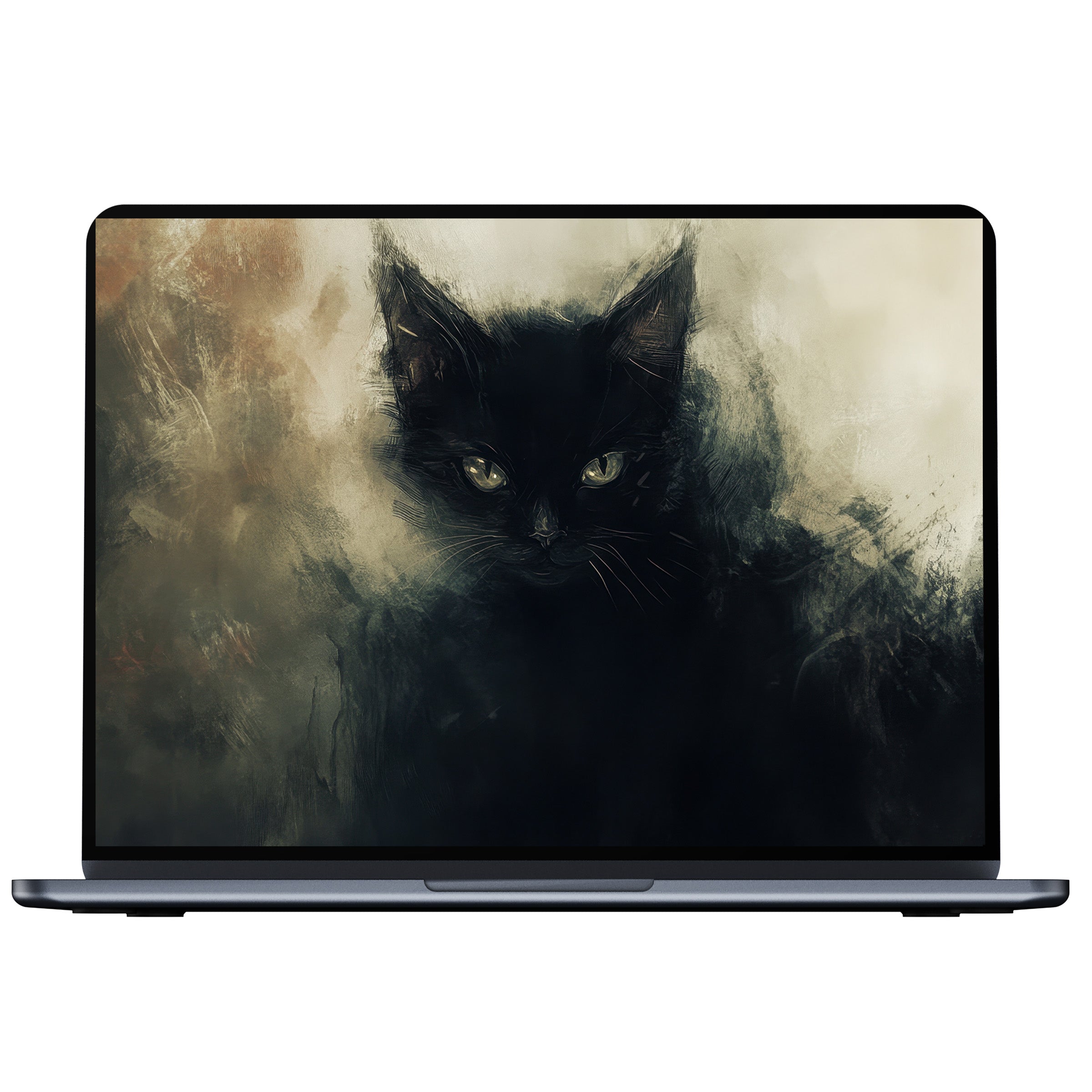 Elegant halloween desktop wallpaper featuring a mystical black cat in muted tones, ideal for PC, laptop, Mac digital download