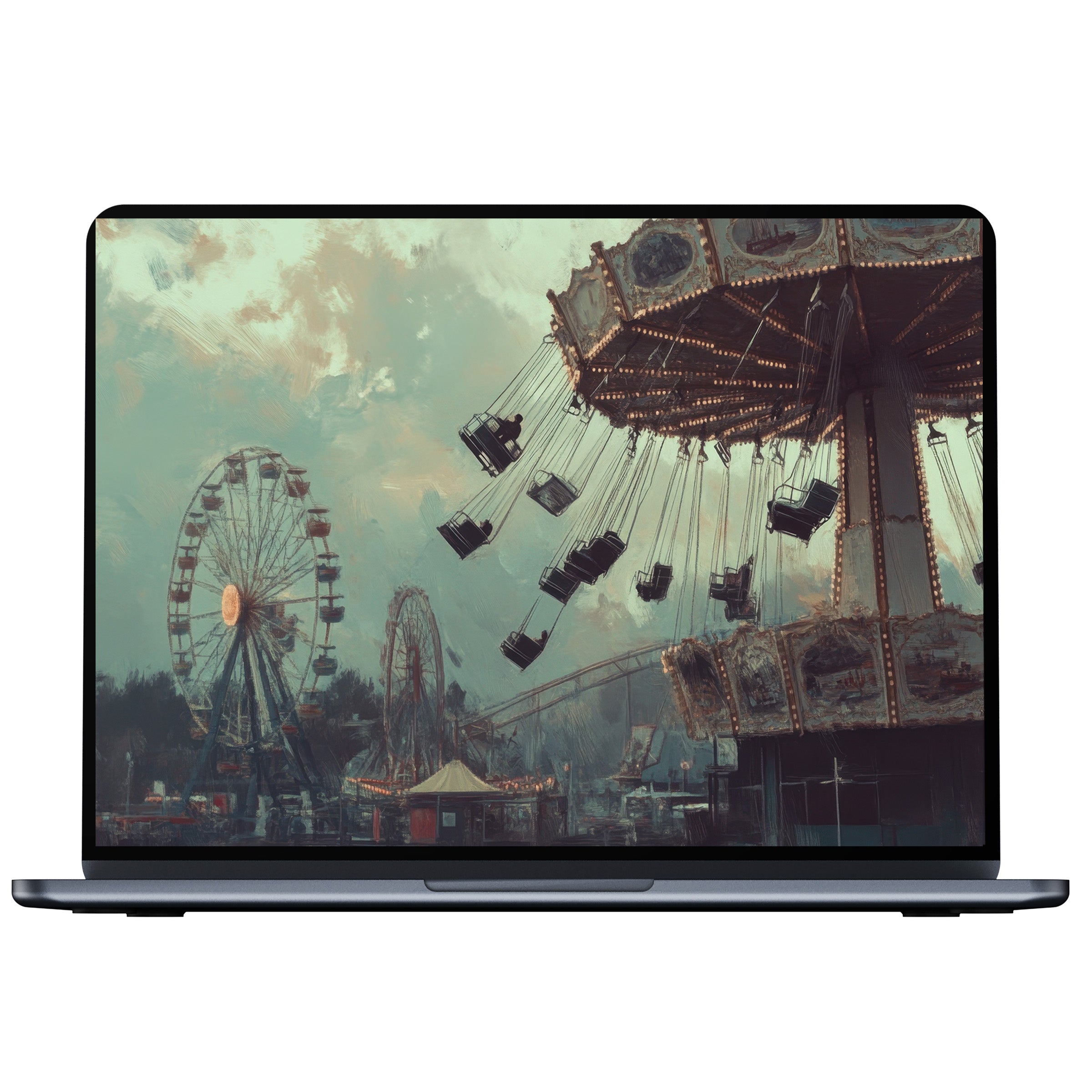 Ethereal Halloween desktop wallpaper digital download shows vintage carnival rides in soothing tones perfect for PC or laptop screens