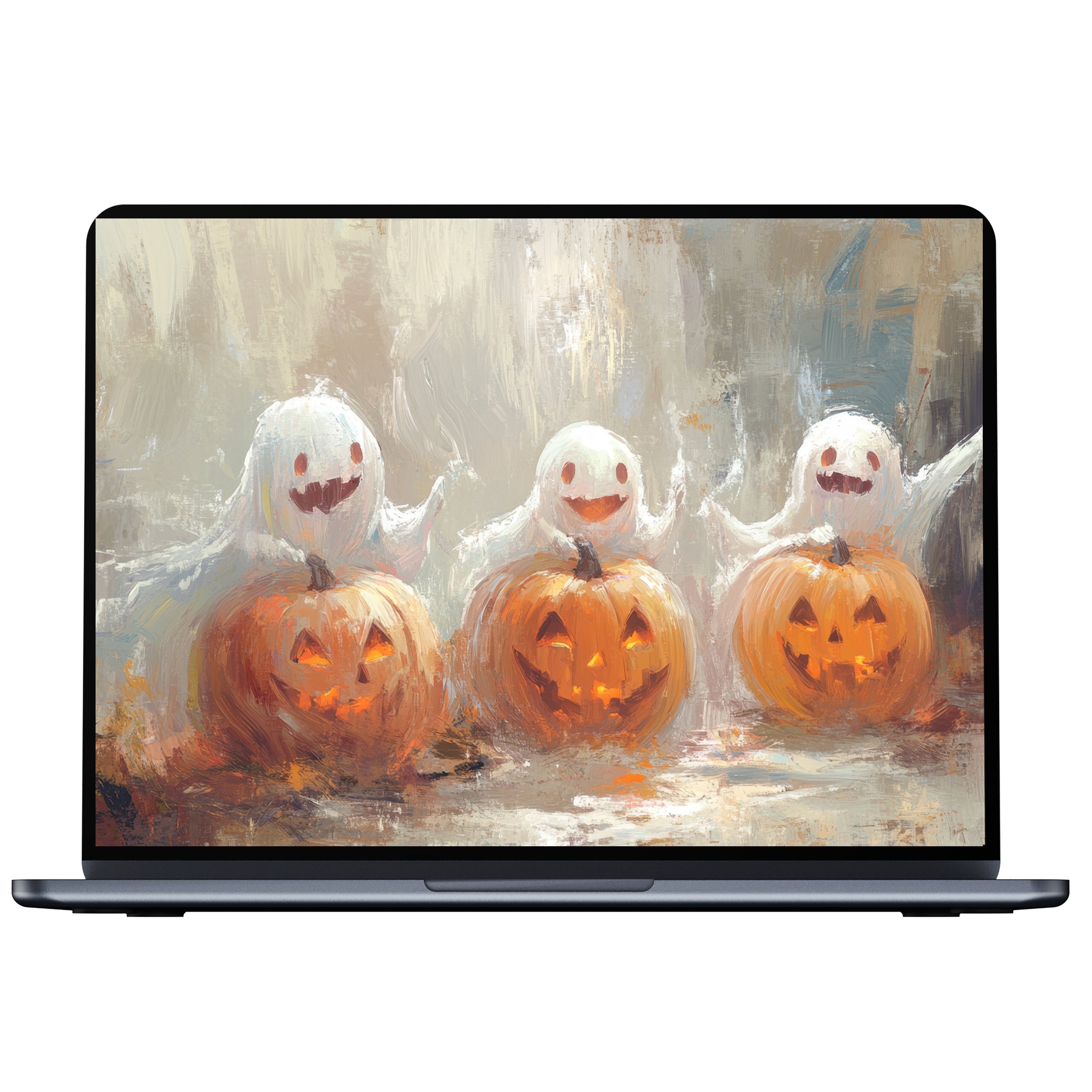 Halloween desktop wallpaper featuring cheerful ghosts atop pumpkins in soft hues offering an inspiring digital download for PC and laptop