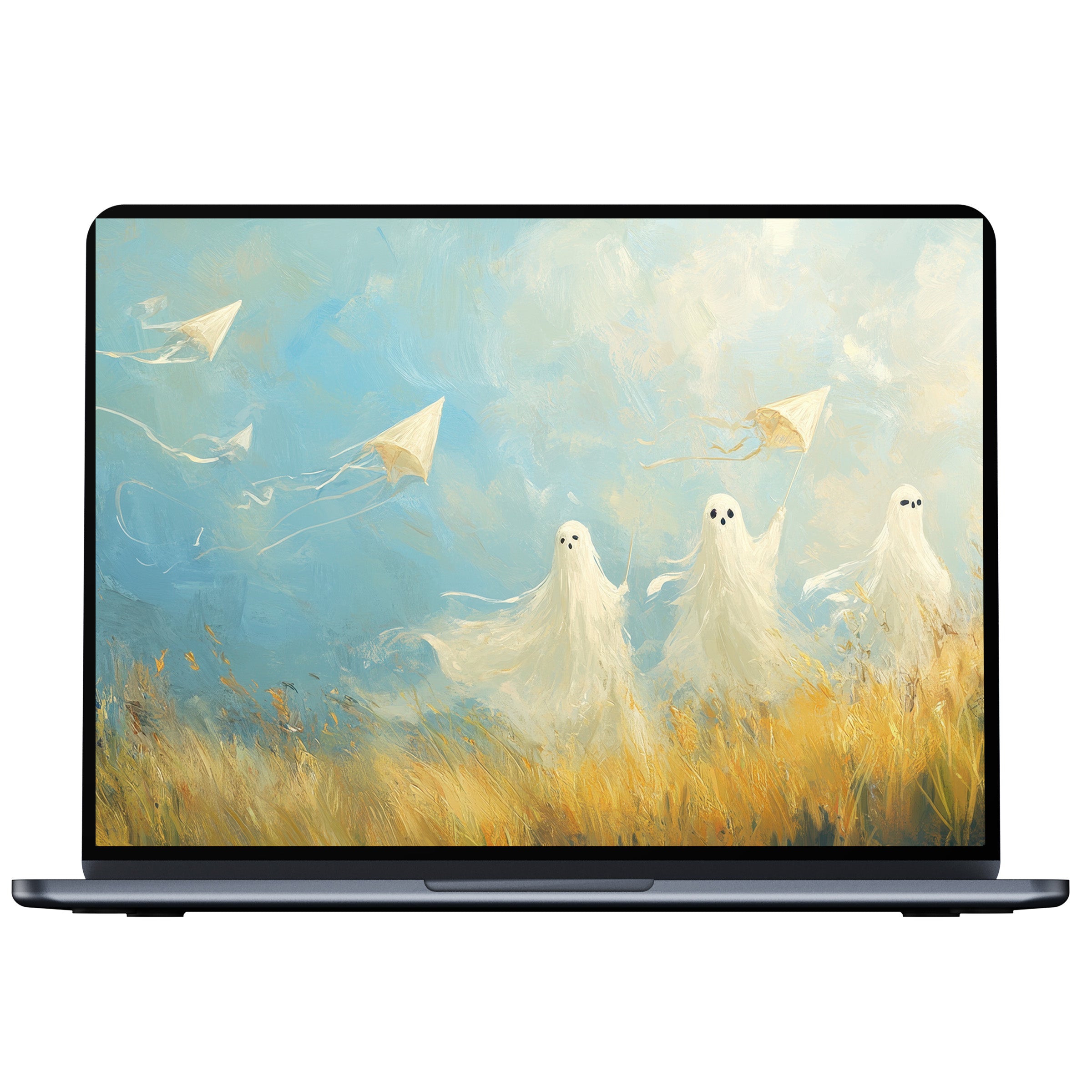 Ethereal Halloween desktop wallpaper featuring ghostly figures with kites in a serene field setting digital download for PC or Laptop