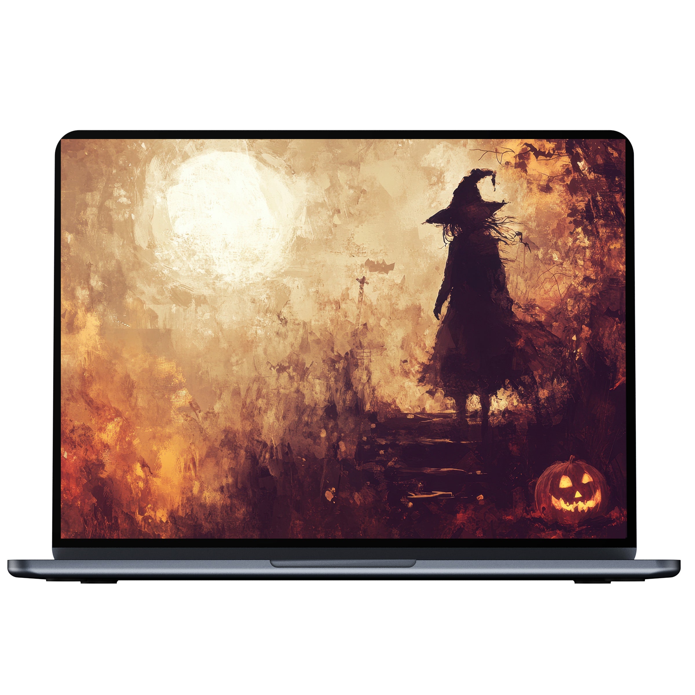 Halloween desktop wallpaper for PC or laptop featuring a witch and pumpkin under a luminous moon in warm, textured digital art download