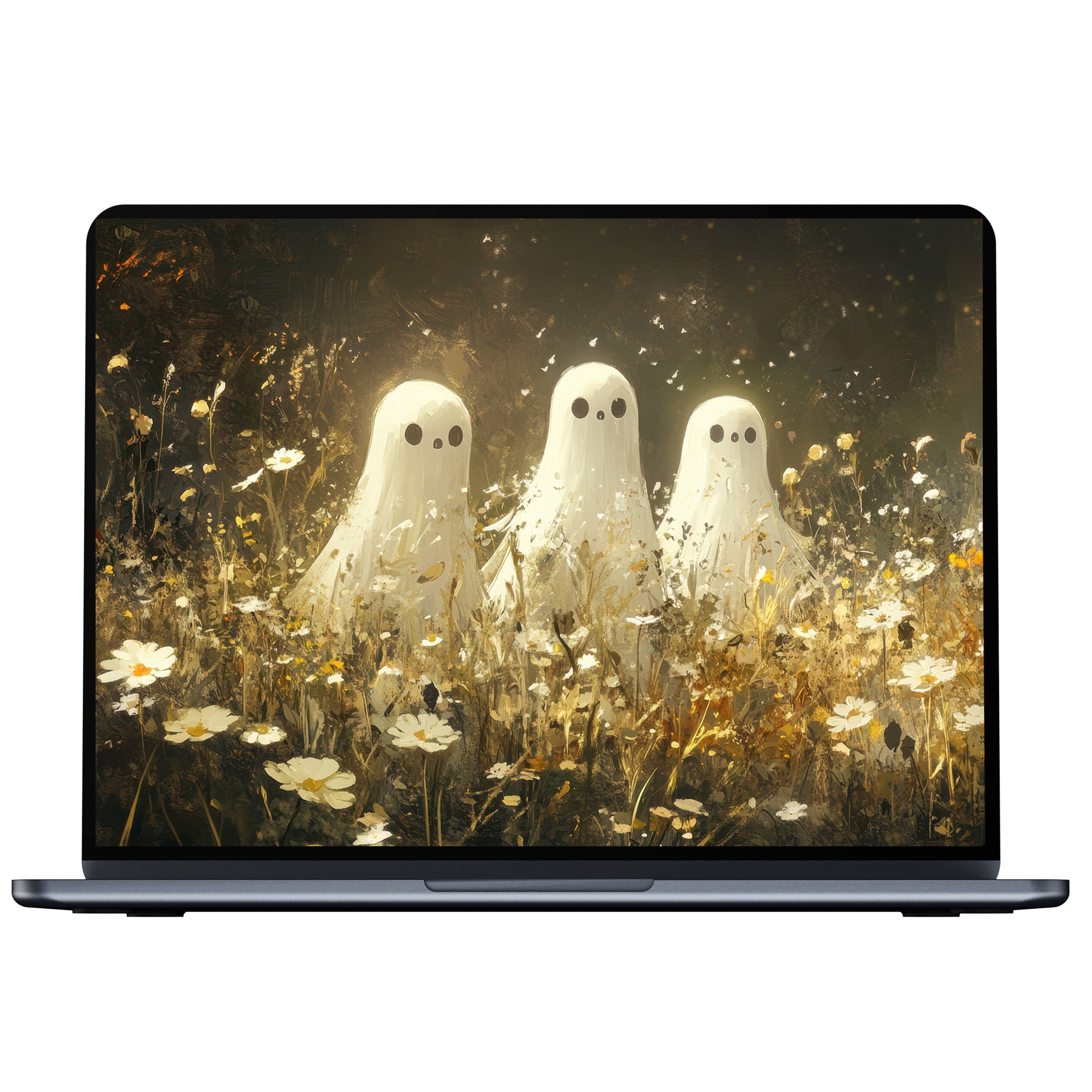 Enchanting halloween desktop wallpaper with gentle ghosts in a floral field offers calm inspiration for PC, laptop, and digital download