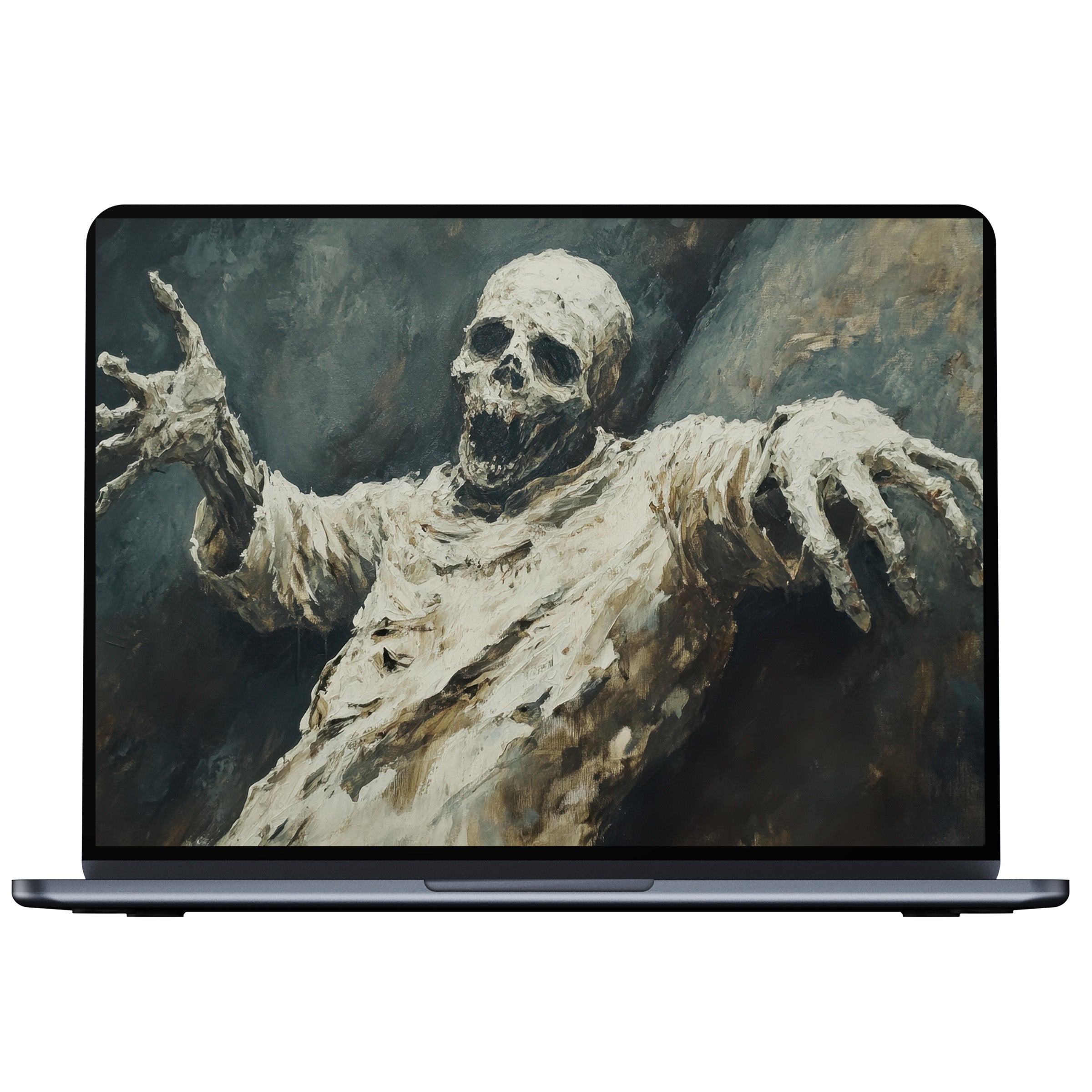 Halloween desktop wallpaper featuring a dramatic, textured skeleton painting exudes elegance and inspiration for PC, laptop digital download