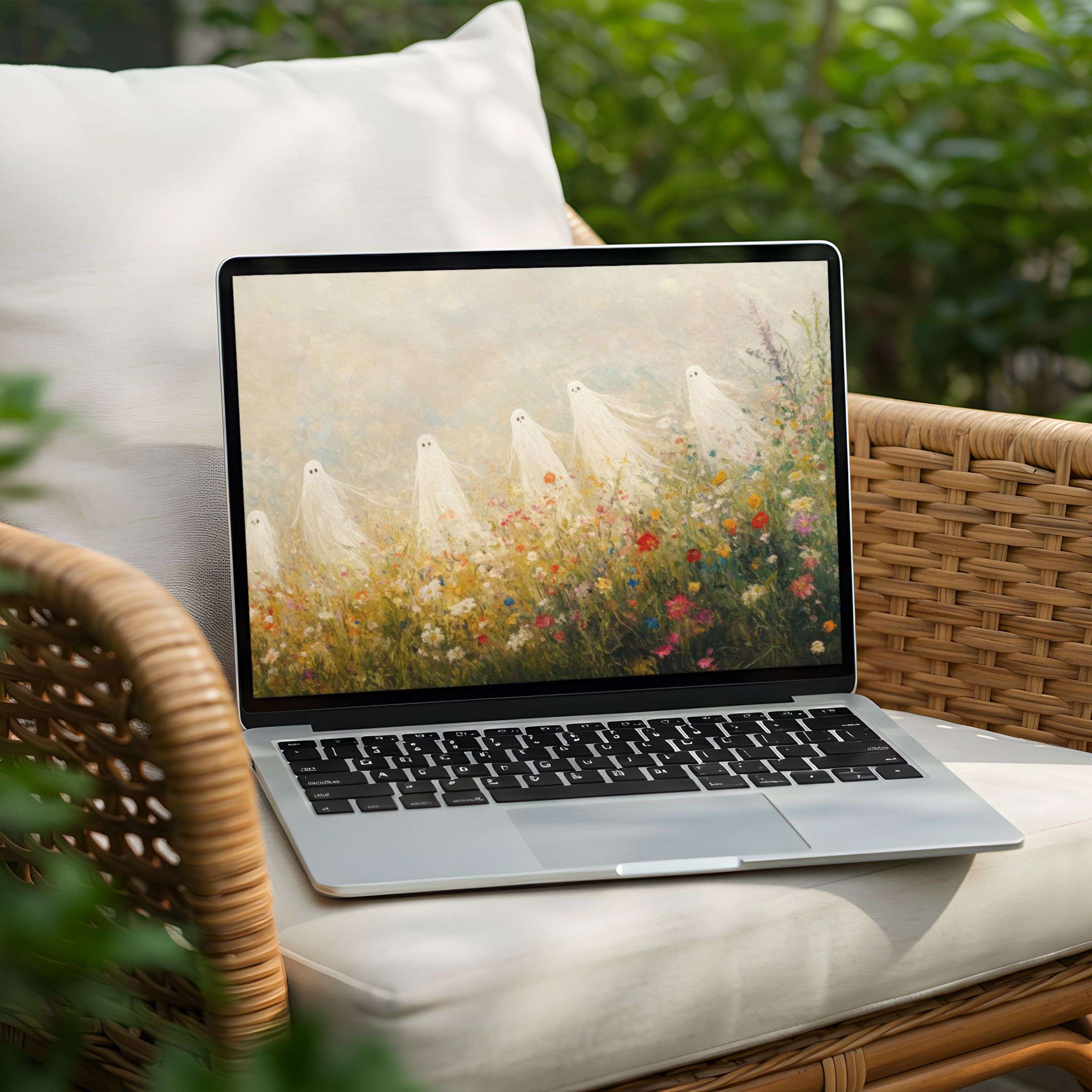 Inspirational desktop background for PC or Laptop featuring a serene flower field painting, perfect for instant download and tranquility