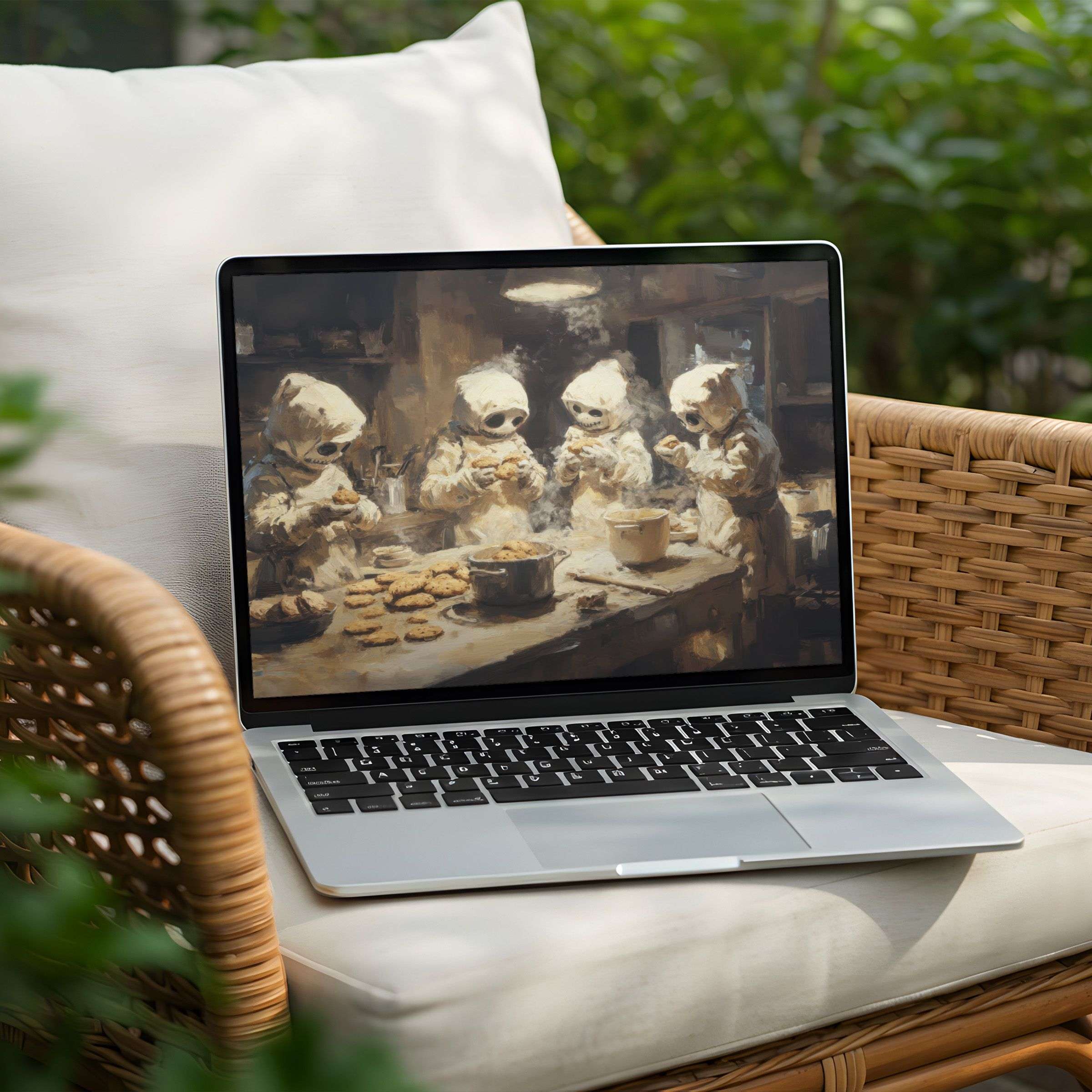 Inspire calm with this instant download desktop background for PC and Laptop featuring whimsical baking figures in serene tones