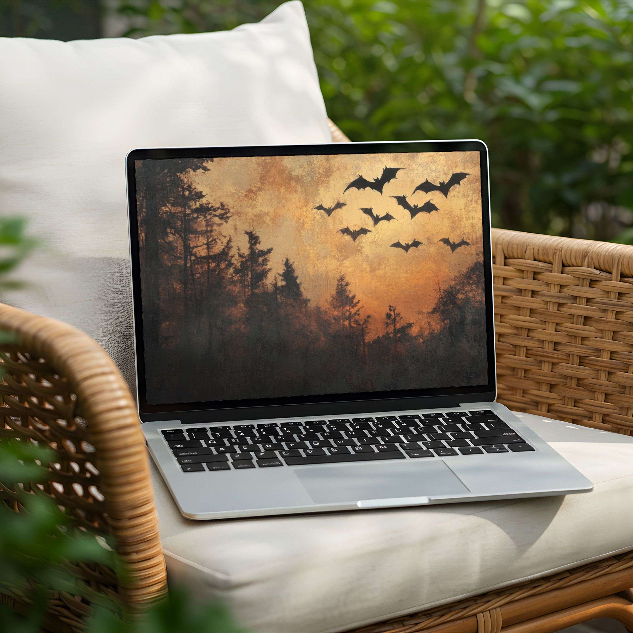 Inspire tranquility, elegance with this desktop background art of sunset silhouette forest and bats for PC or Laptop instant download