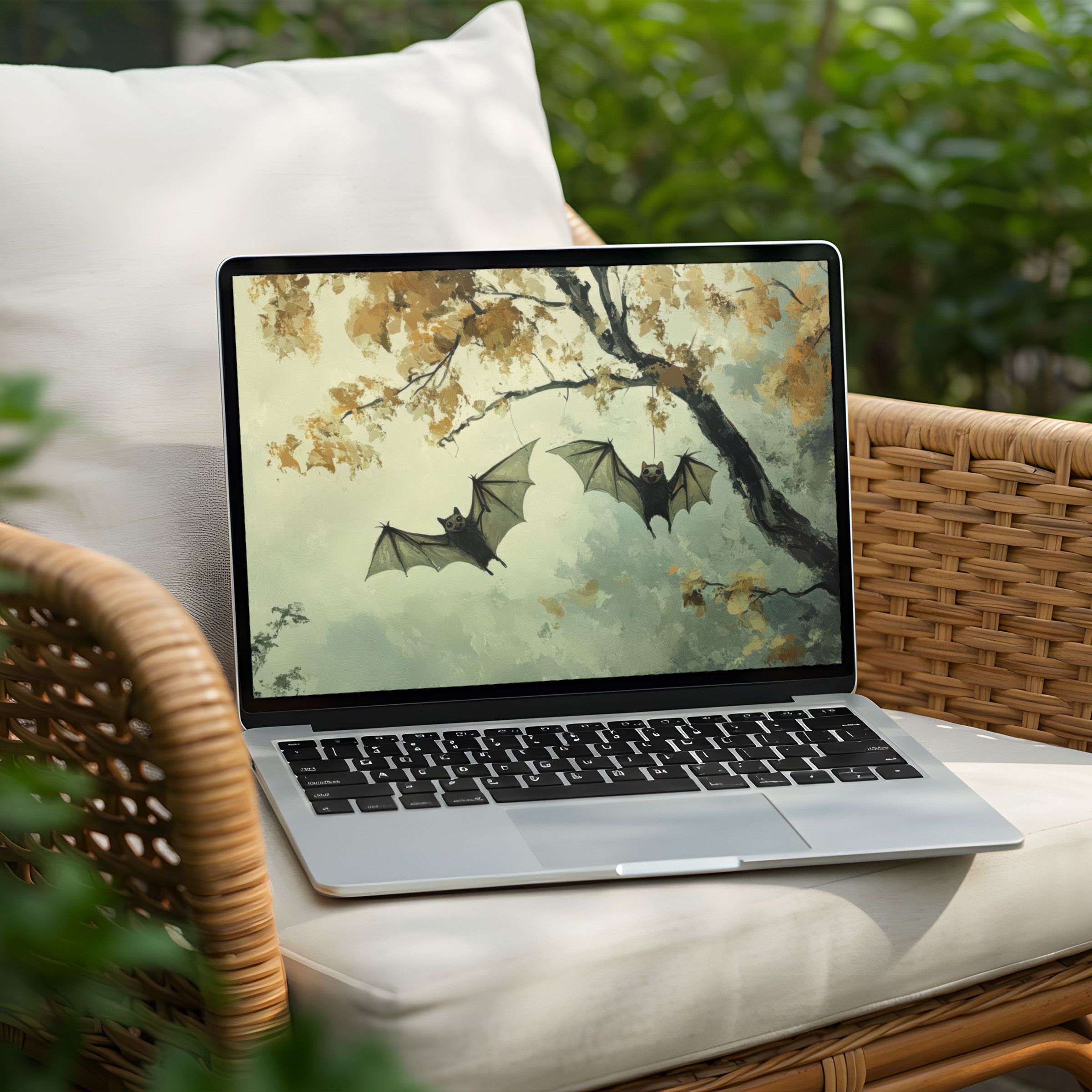 Inspiring desktop background with bats in serene autumn forest, perfect for an instant download to beautify your PC or Laptop