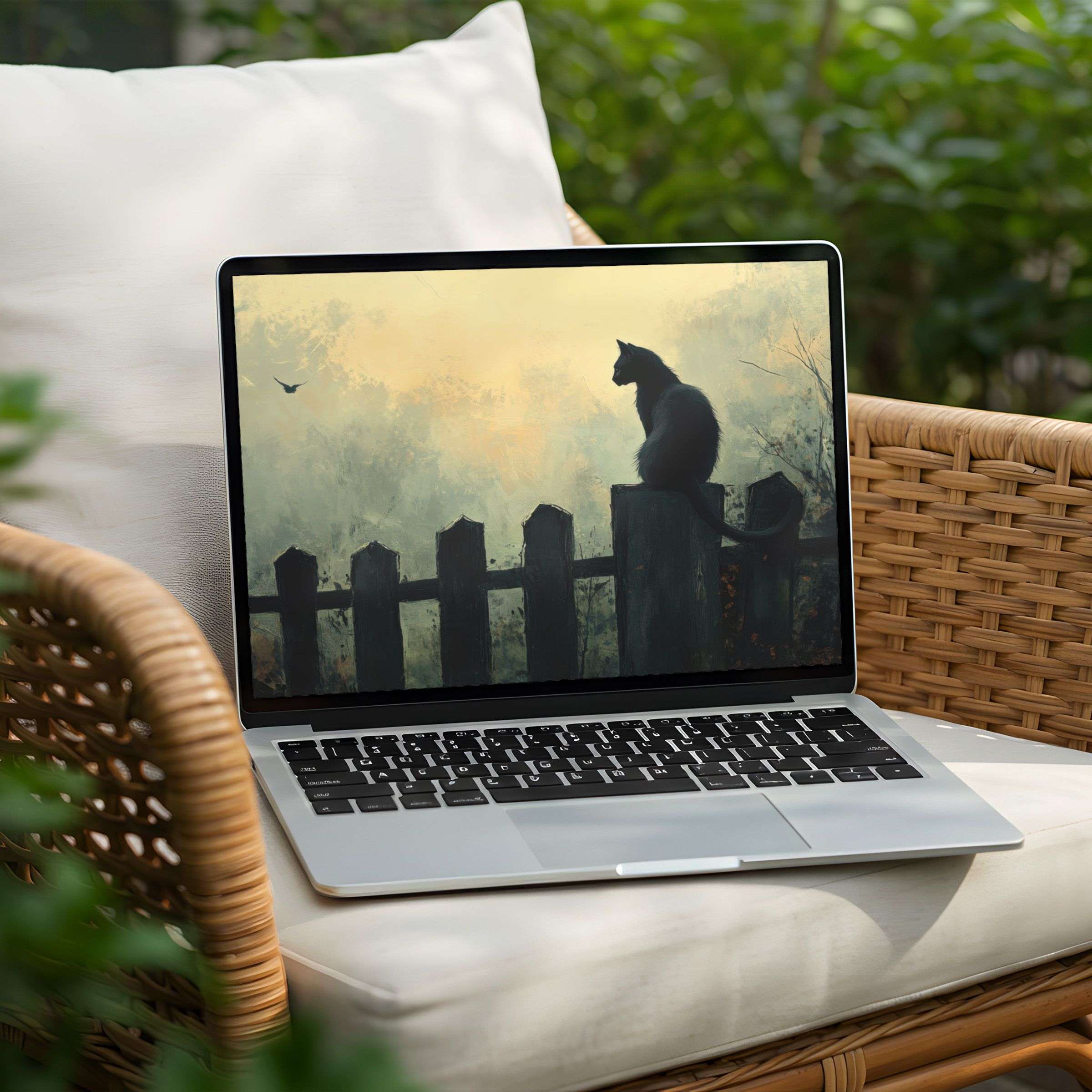 Elegant cat silhouette at sunset on a fence offers a calming desktop background for instant download on PC or Laptop users seeking inspiration