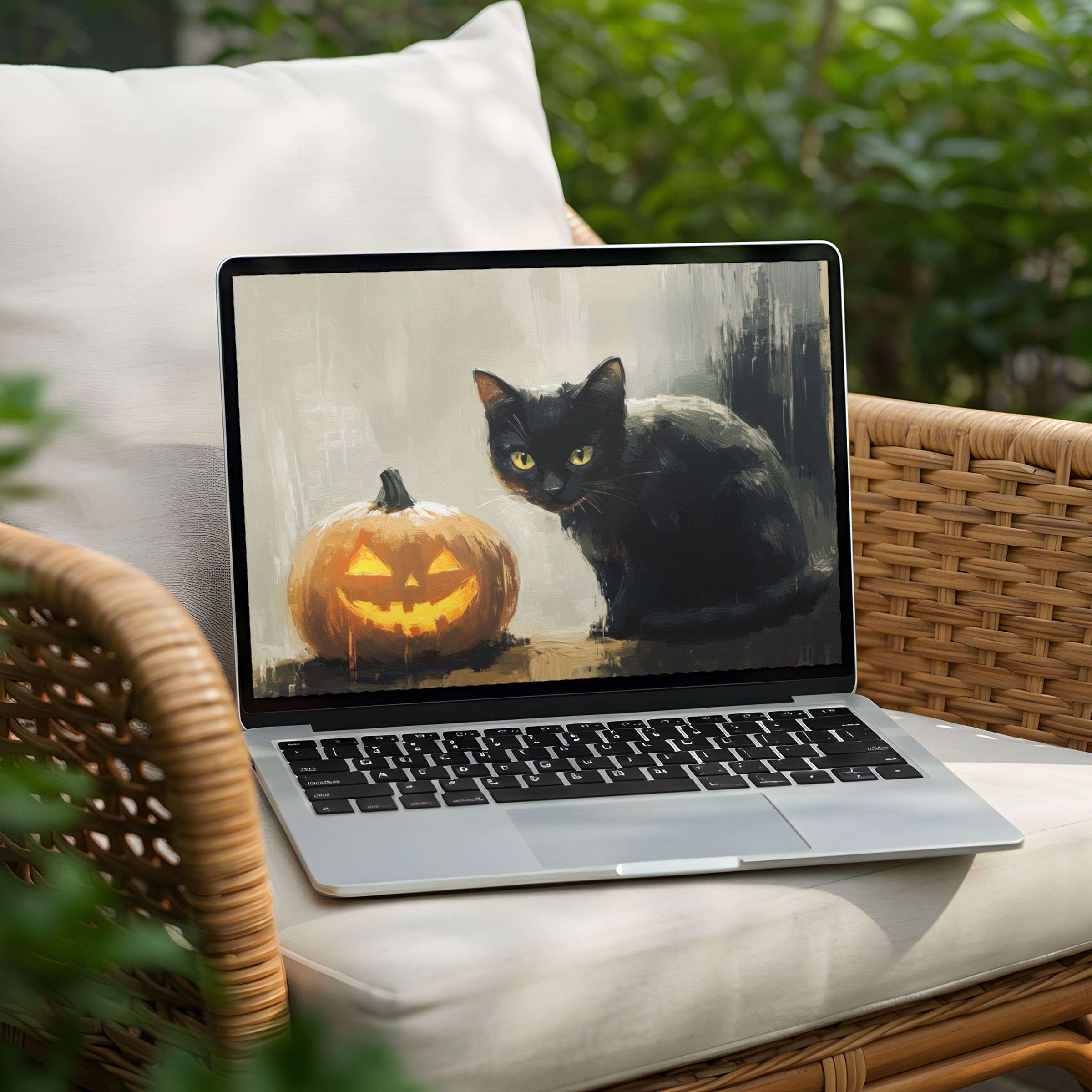 Elegant digital art of a black cat and glowing pumpkin for a calm PC or Laptop desktop background instant download