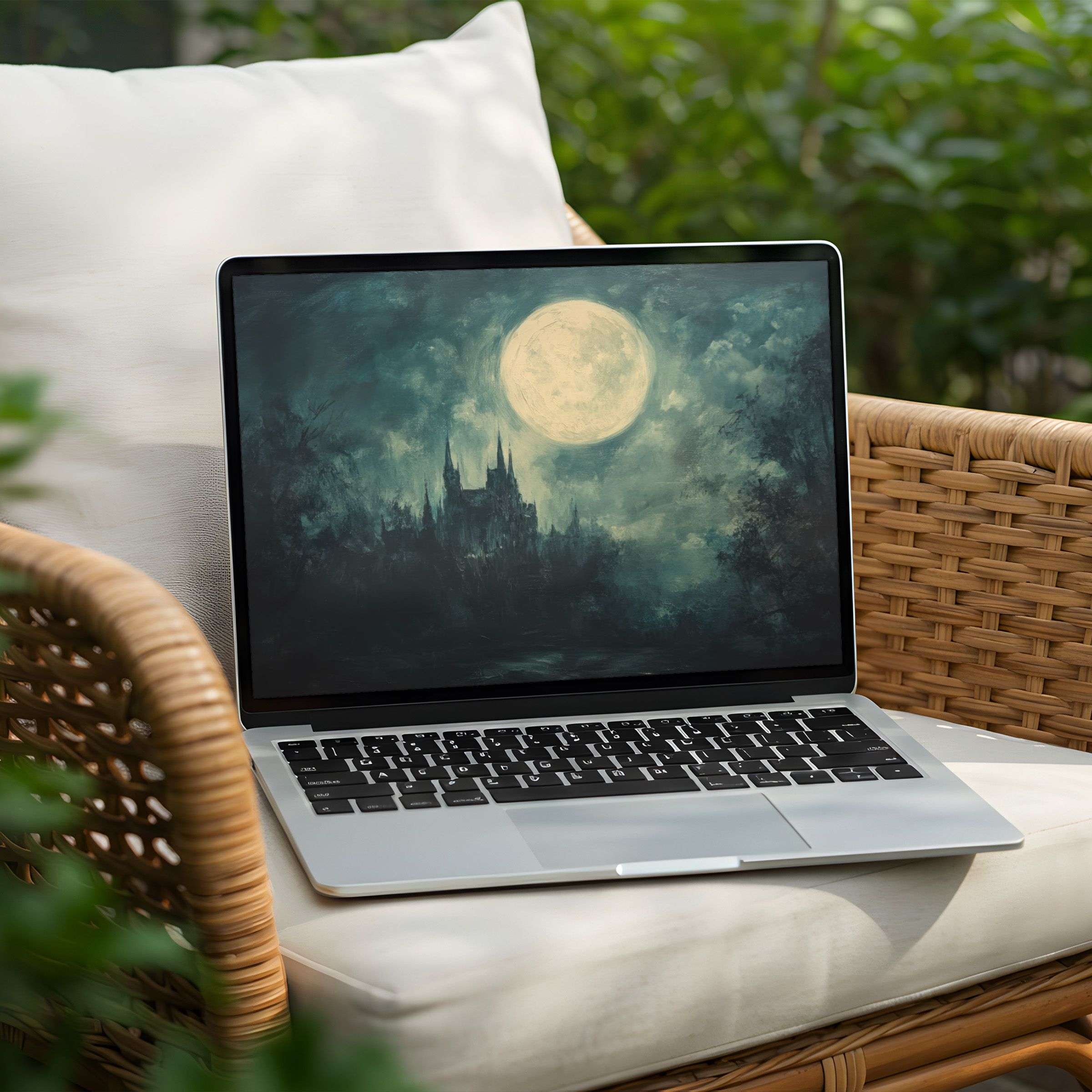 Serene moonlit castle painting for desktop background on PC or Laptop inspires calm elegance available for instant download