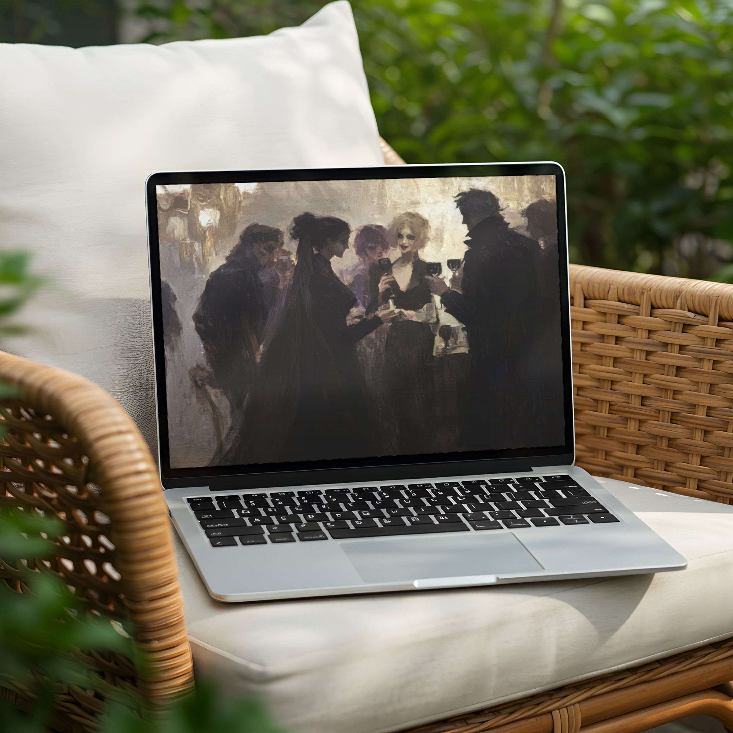Elegant desktop background on a Laptop screen, depicting a serene gathering in soft hues, exudes calm and inspiration for instant download
